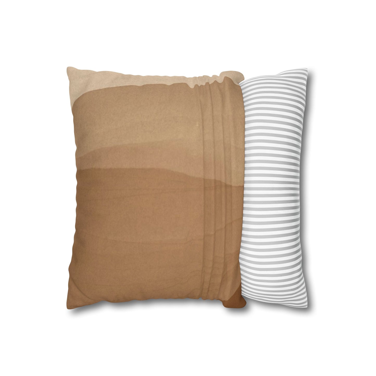 Brown pillow and white pillow with gray stripes on a white background