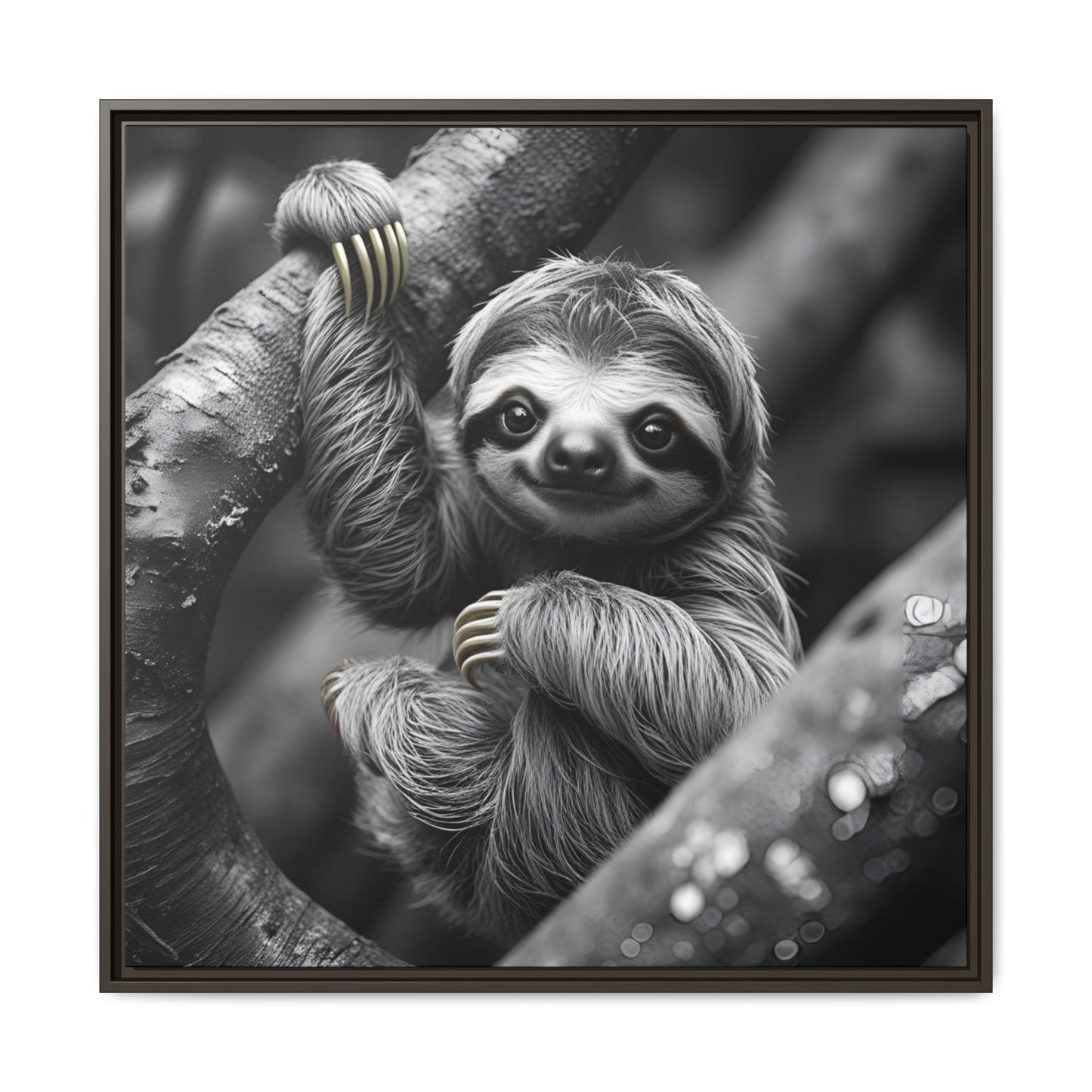 Smiling Sloth Hanging on Tree Branch Wall Art on Framed Canvas, Sloth Lover Gift, Nursery Decor, Wildlife Artwork