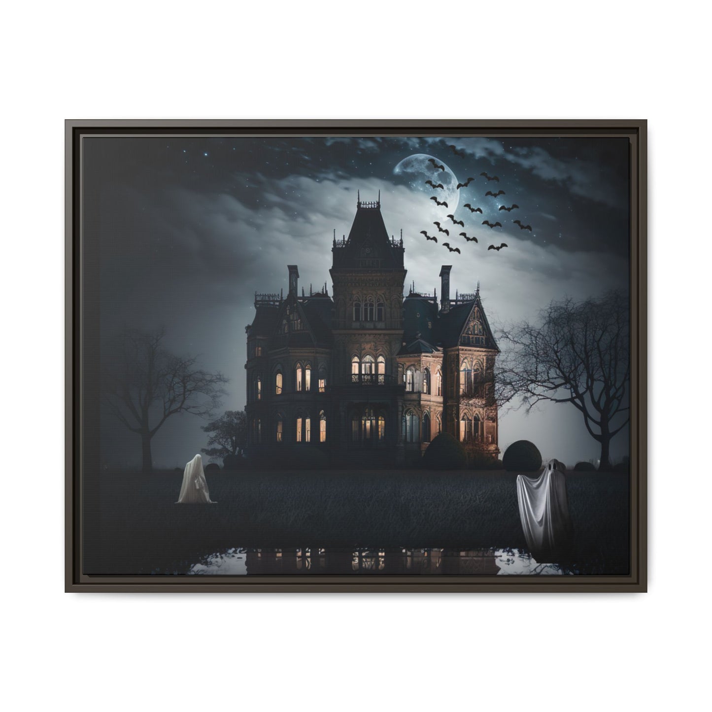 Gothic mansion at night with ghosts and bats, framed artwork.