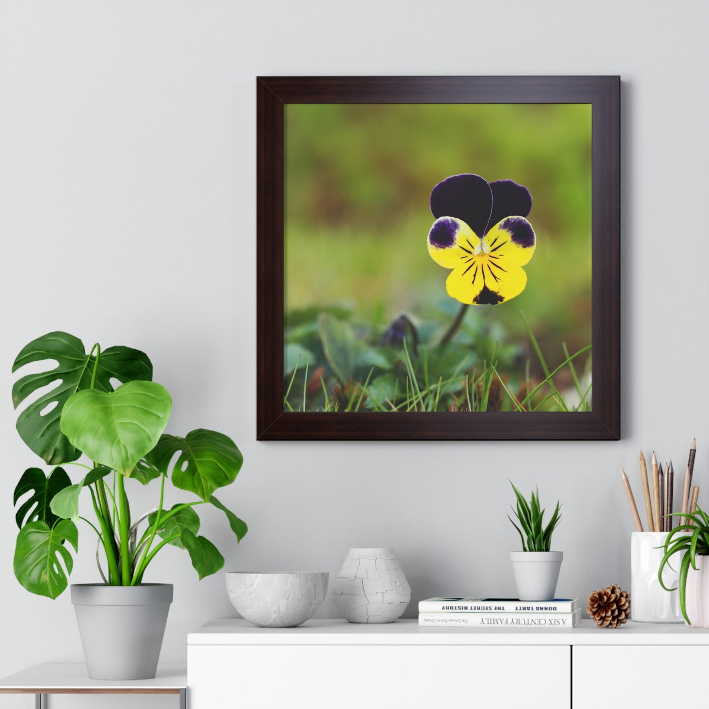 Framed Purple & Yellow Pansy Wall Art Poster | Botanical Floral Wall Decor