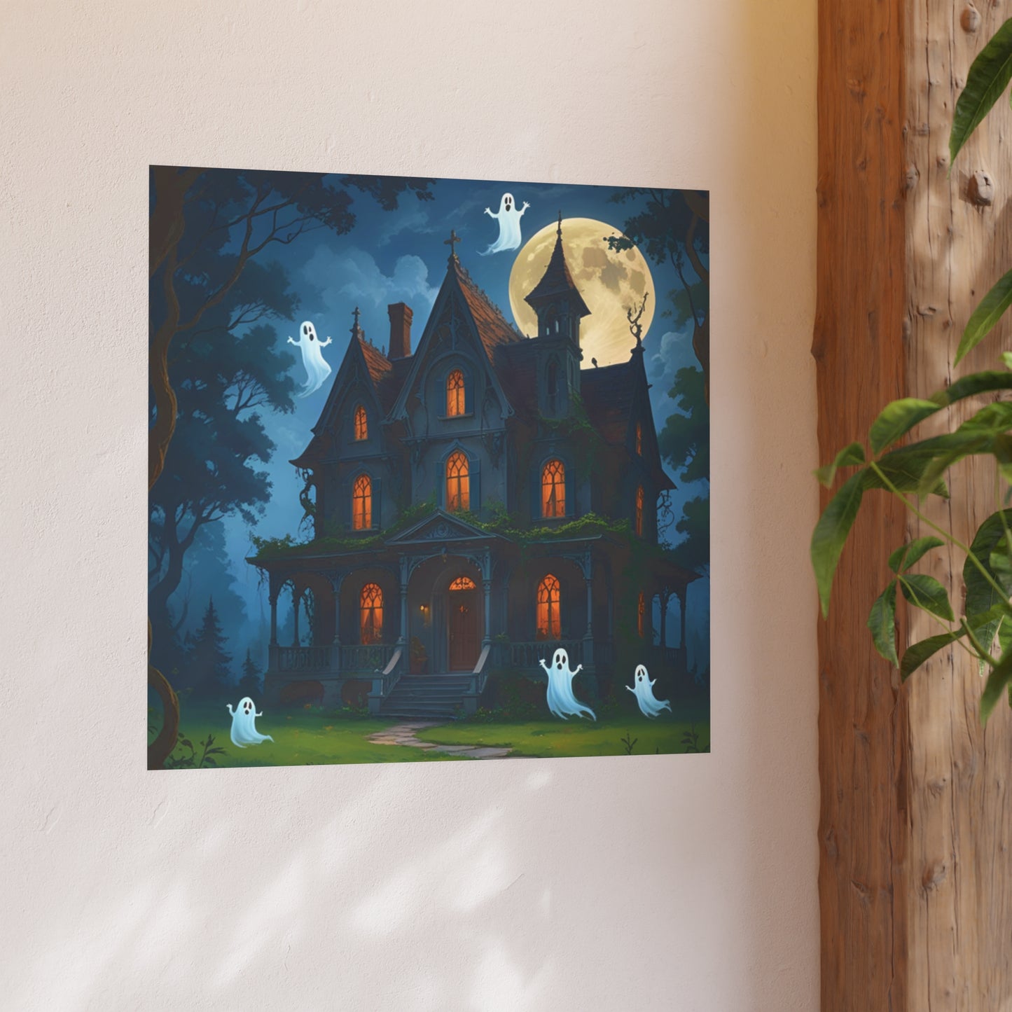 Haunted House Ghosts Poster — Friendly Ghosts Floating Around a Haunted House