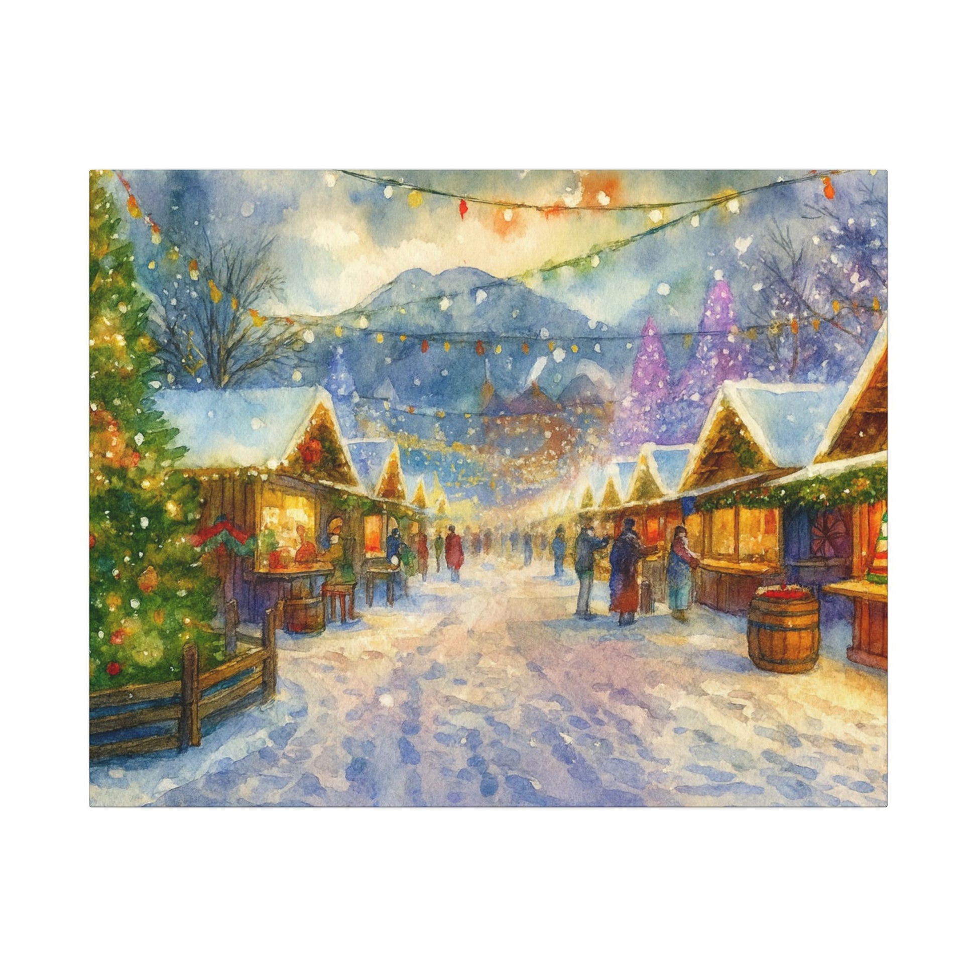 Winter market scene with snow-covered stalls and people under string lights against a mountain backdrop.