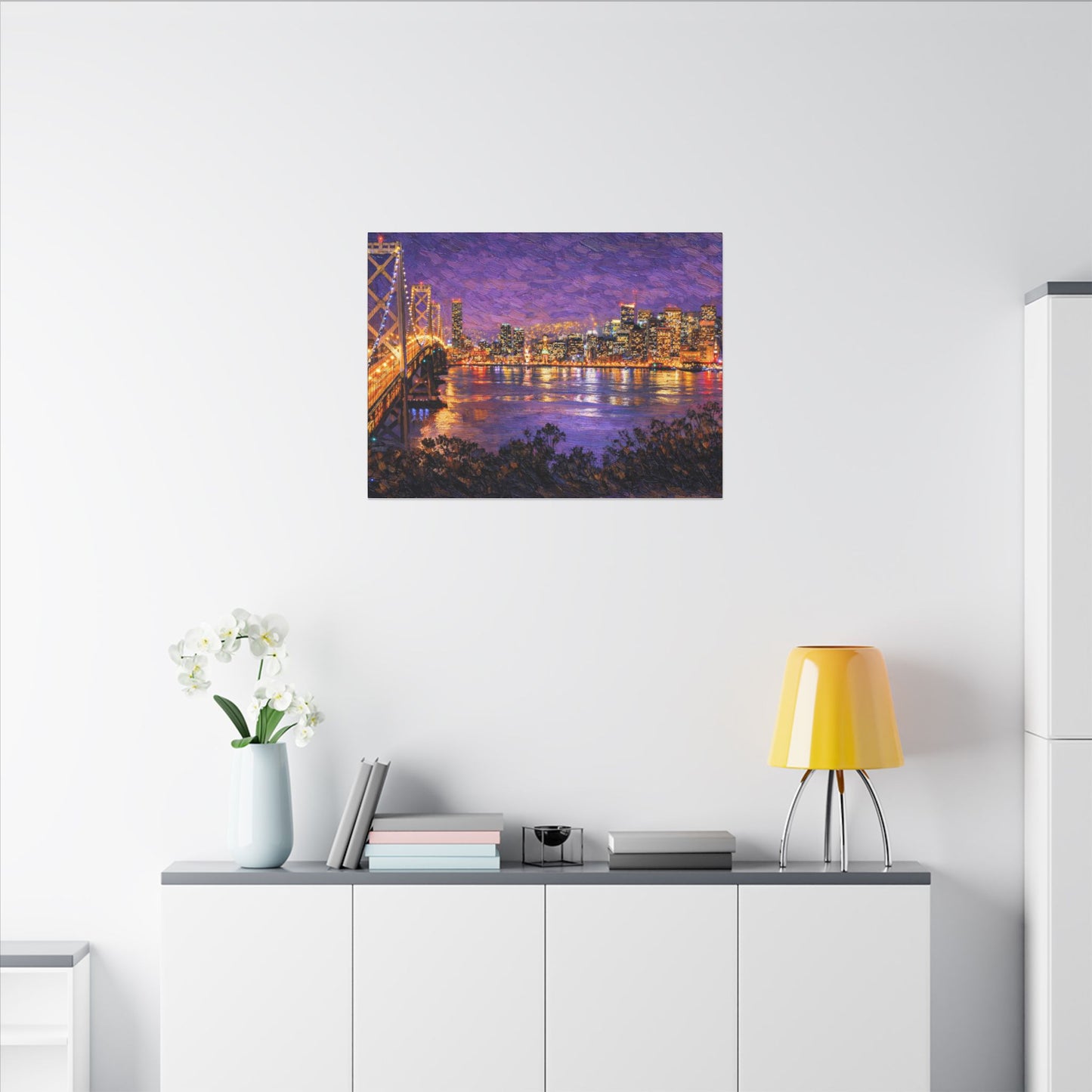 San Francisco Skyline Canvas Wall Art, Bay Bridge Night Painting, Impasto Style Artwork