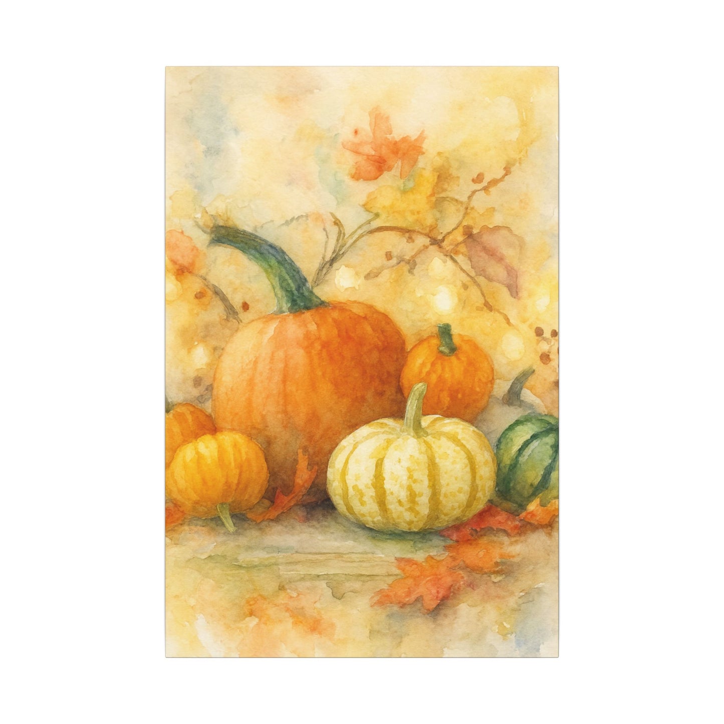Illustration of pumpkins and gourds with autumn leaves on a watercolor background
