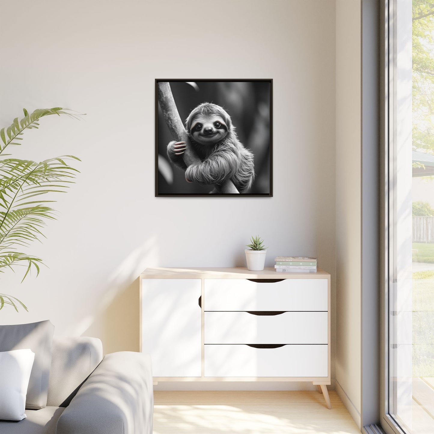 Framed picture of a sloth on a wall above a white cabinet with a plant and window in the background.