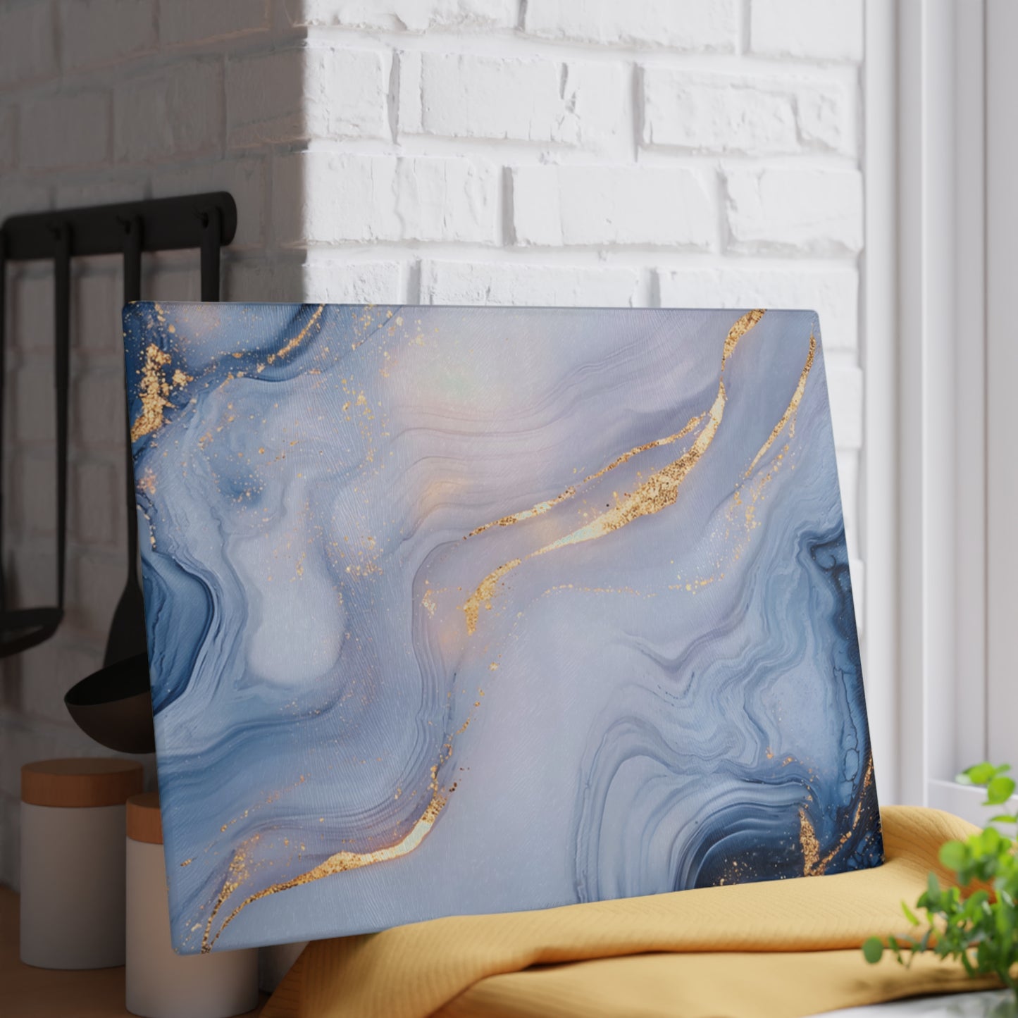 Blue Gold Marble Glass Cutting Board | Abstract Swirl Kitchen Decor