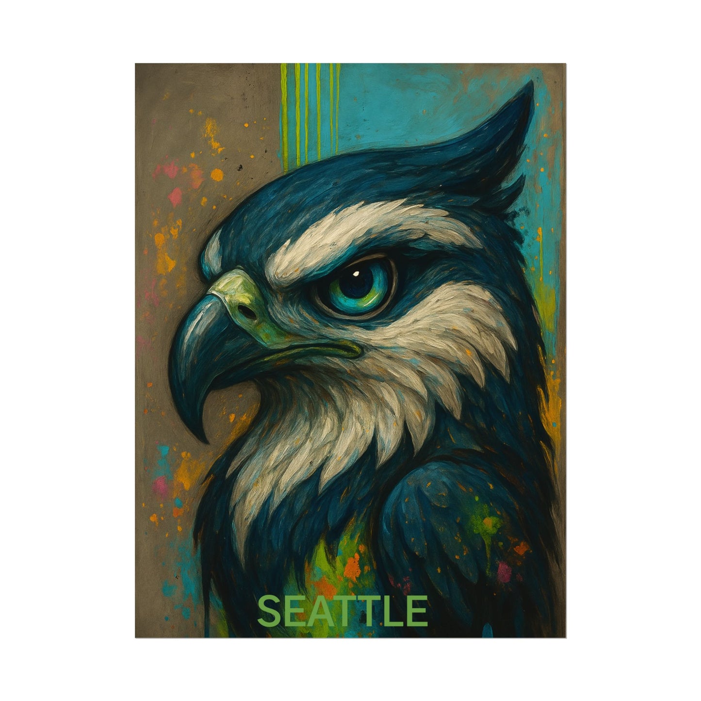 Artistic depiction of an hawk with 'Seattle' text on a colorful background