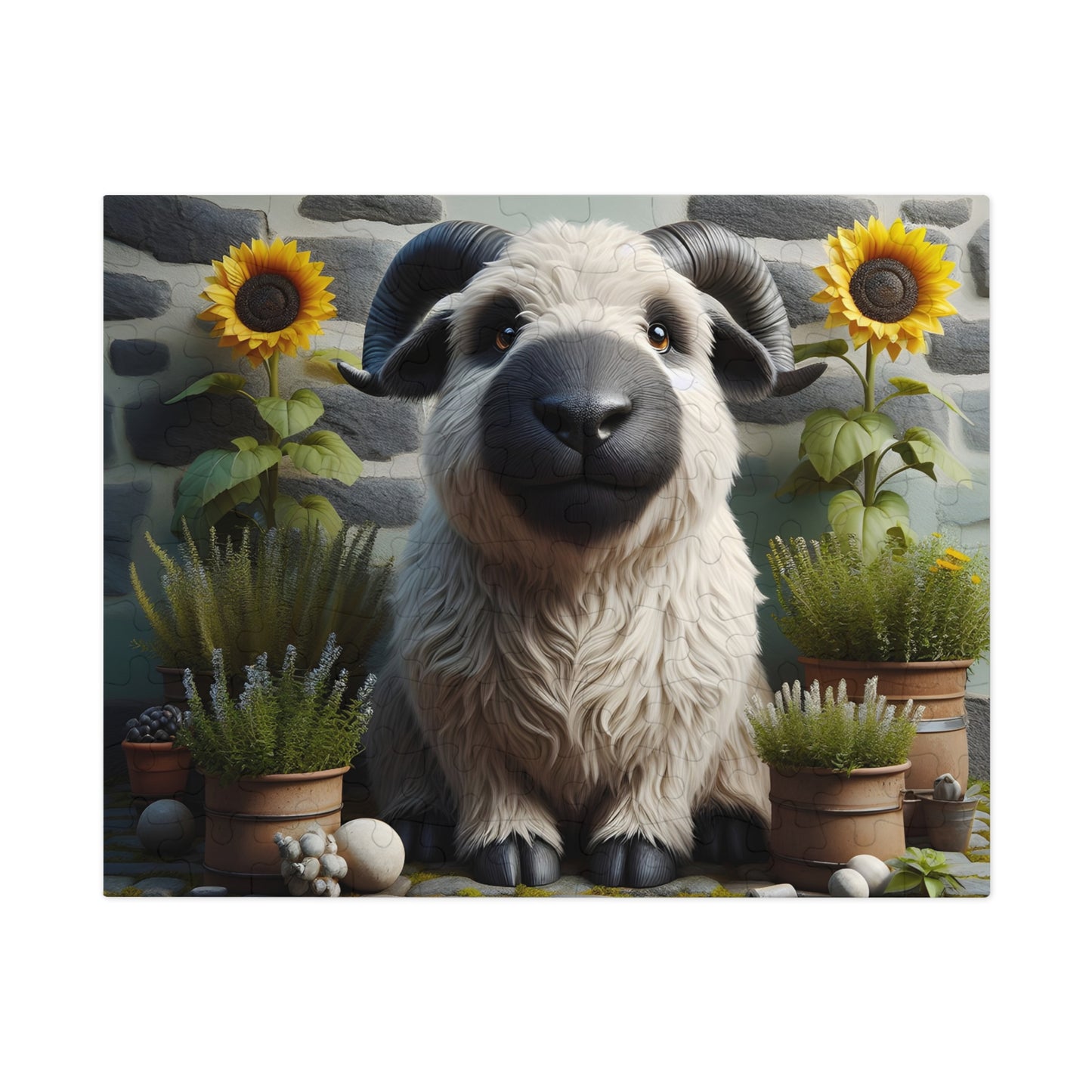 Sheep with black face and horns in a garden setting with sunflowers and plants.