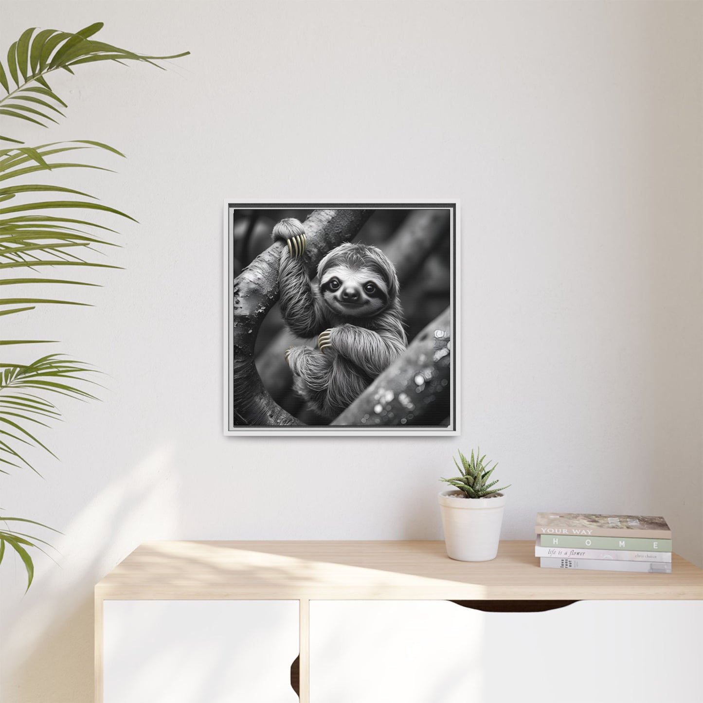Smiling Sloth Hanging on Tree Branch Wall Art on Framed Canvas, Sloth Lover Gift, Nursery Decor, Wildlife Artwork