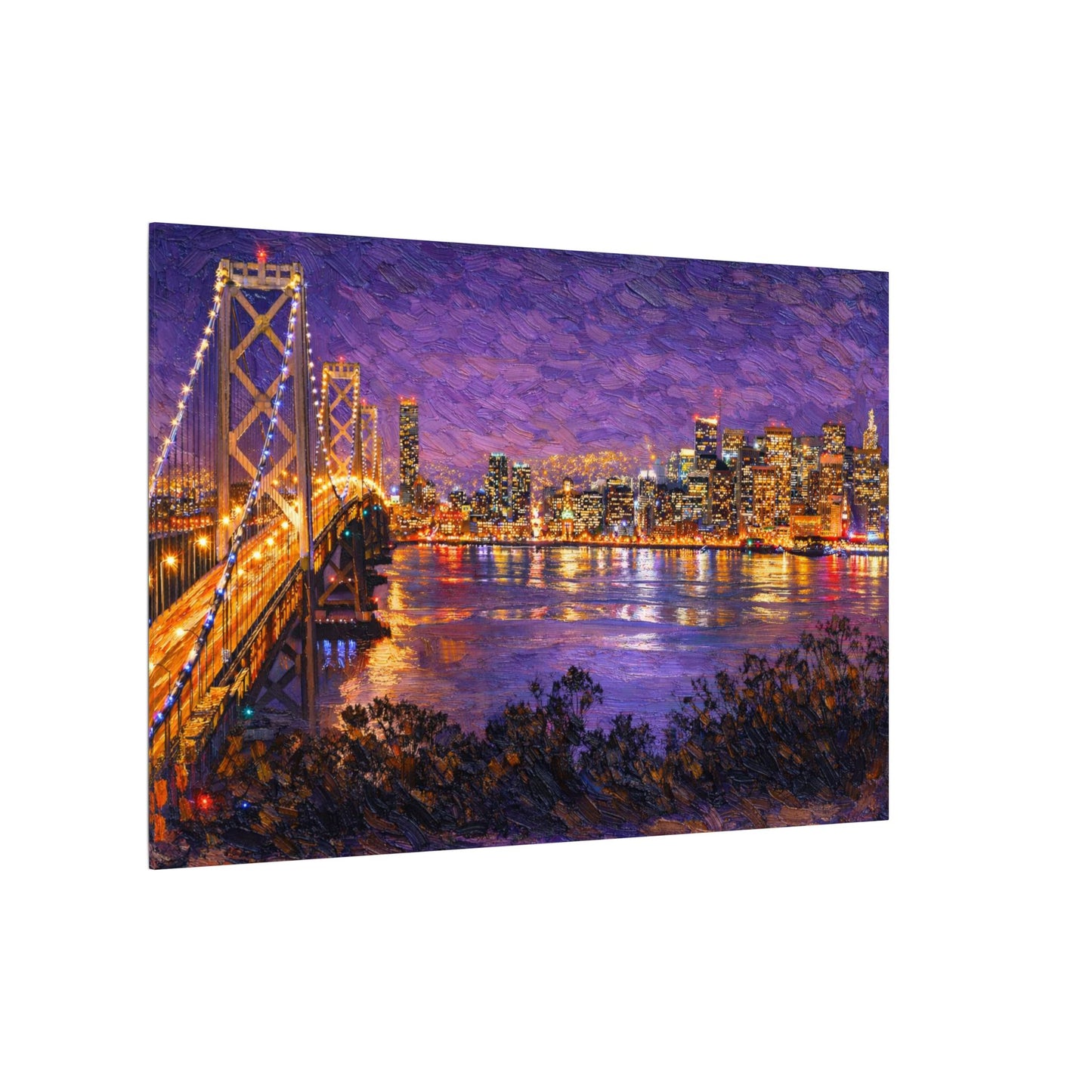 San Francisco Skyline Canvas Wall Art, Bay Bridge Night Painting, Impasto Style Artwork