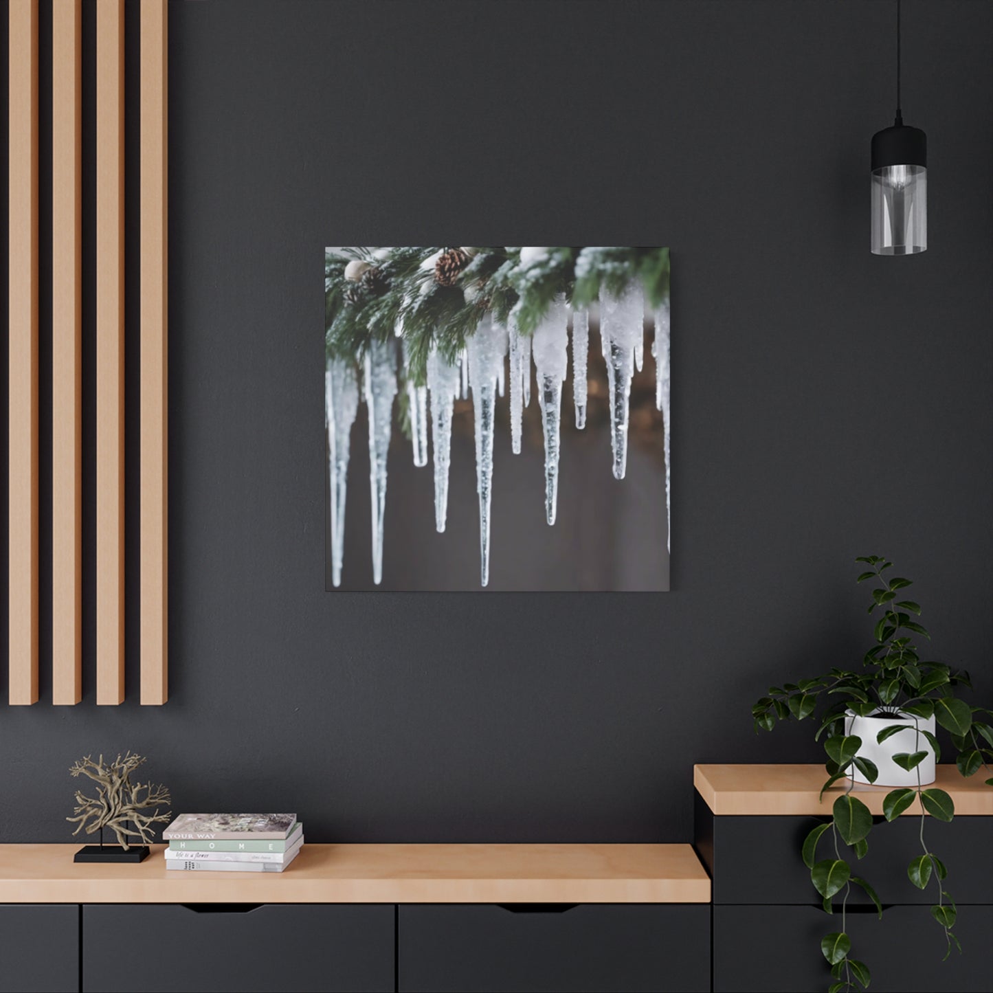 Winter Icicles Pine Branch Canvas Art: Holiday Home Decor, Stretched, 1.25"