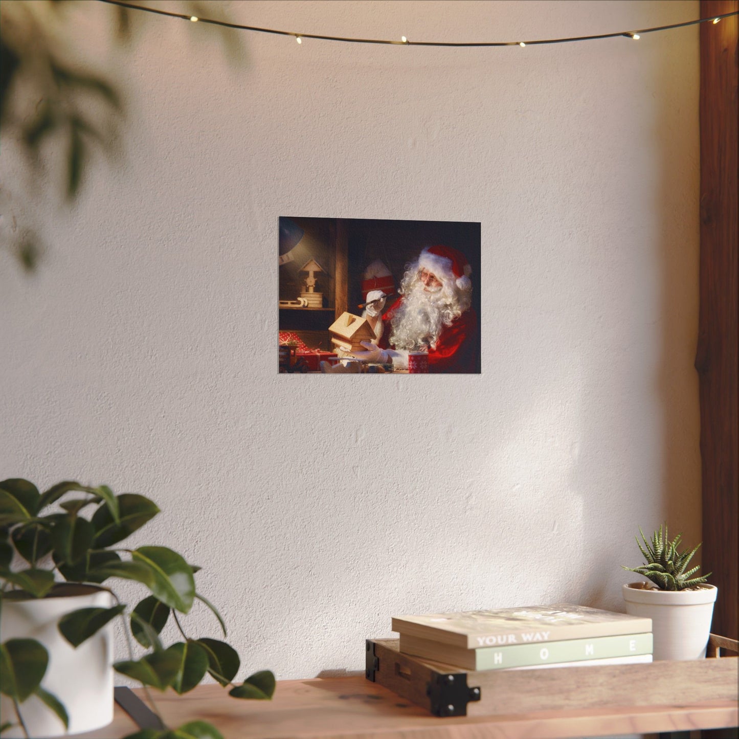 Santa's Workshop Poster, Christmas Wall Art of Santa Making Toys, Vintage Holiday Print, Santa Claus in Toy Shop, Festive Christmas Poster