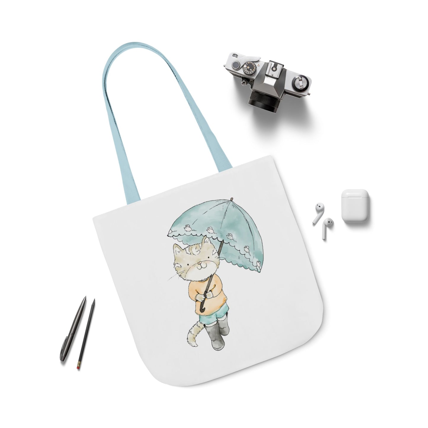 Cat Lover Tote Bag Cute Kitty with Umbrella Rain Boots Cat Lover Eco Tote Bag