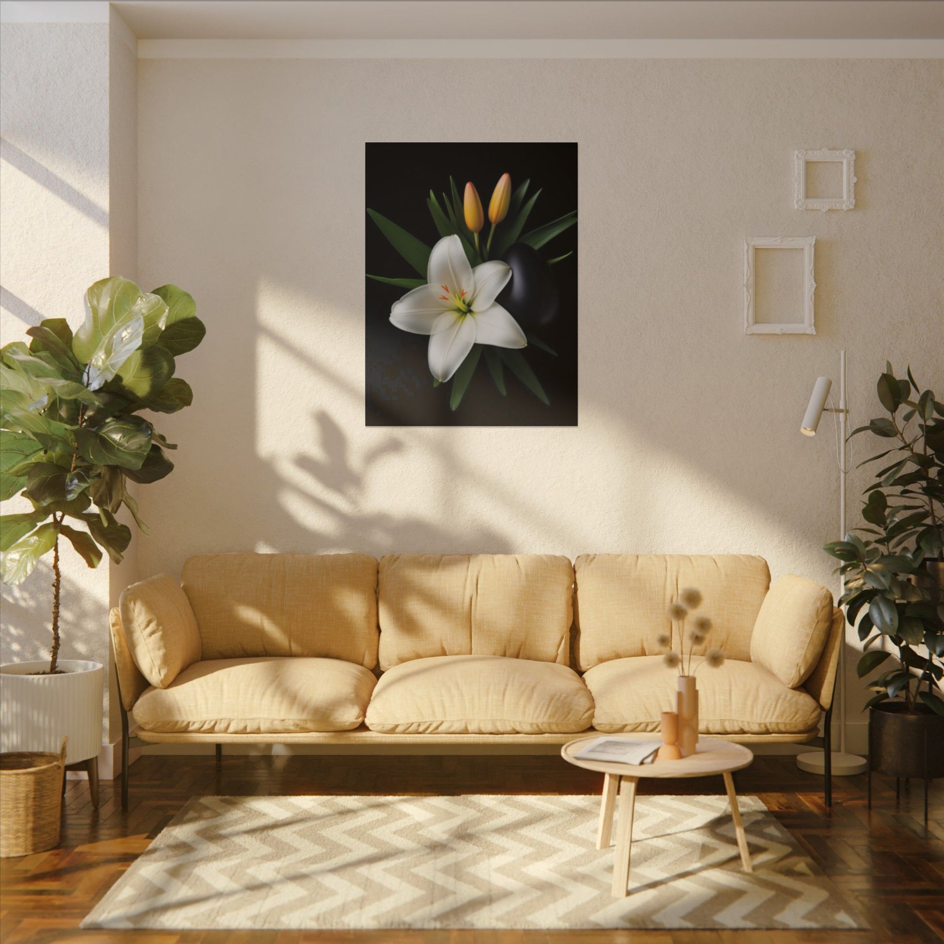 Living room with beige sofa, coffee table, and wall art of a flower.