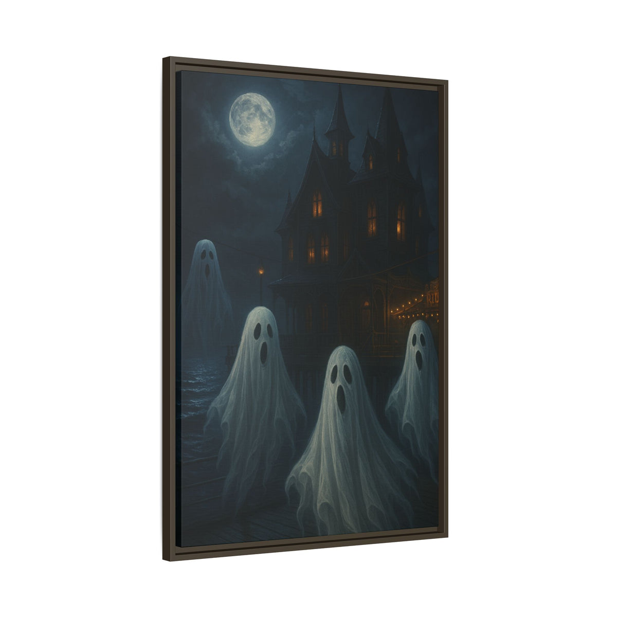 Haunted House Ghost Canvas Wall Art – Spooky Halloween Framed Art, Vintage Horror Decor, Gothic Night Scene Print