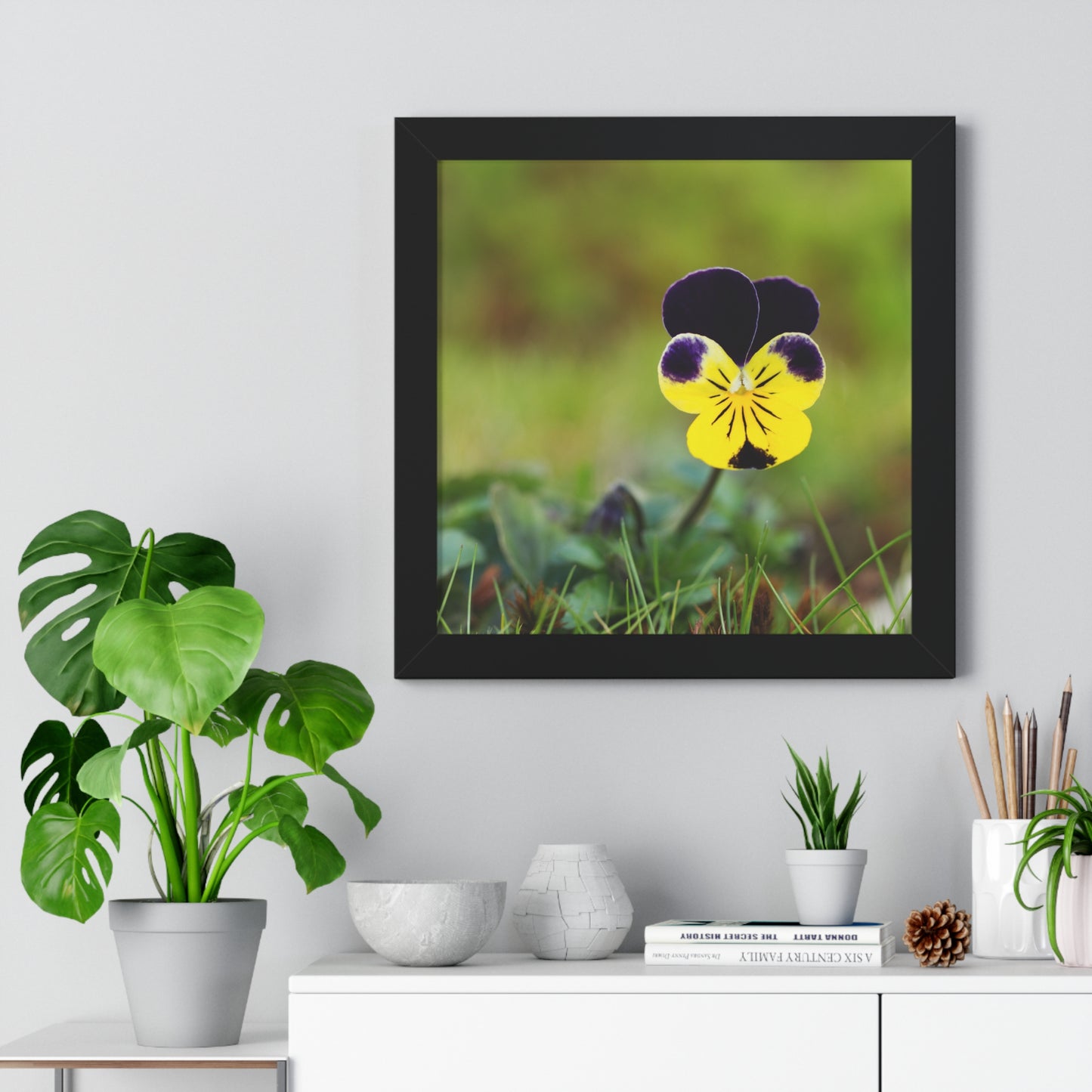 Framed Purple & Yellow Pansy Wall Art Poster | Botanical Floral Wall Decor