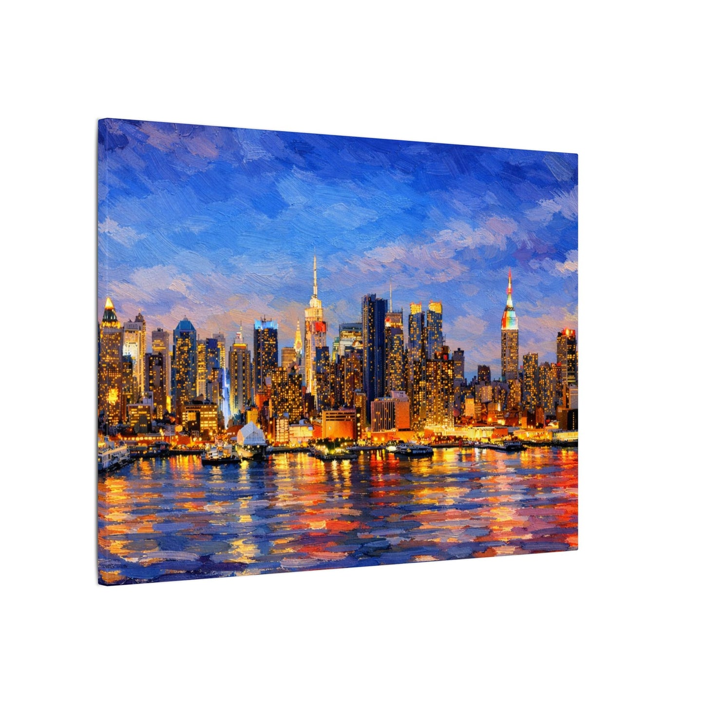 New York City Skyline Canvas Wall Art – Night Waterfront Impasto Cityscape Painting