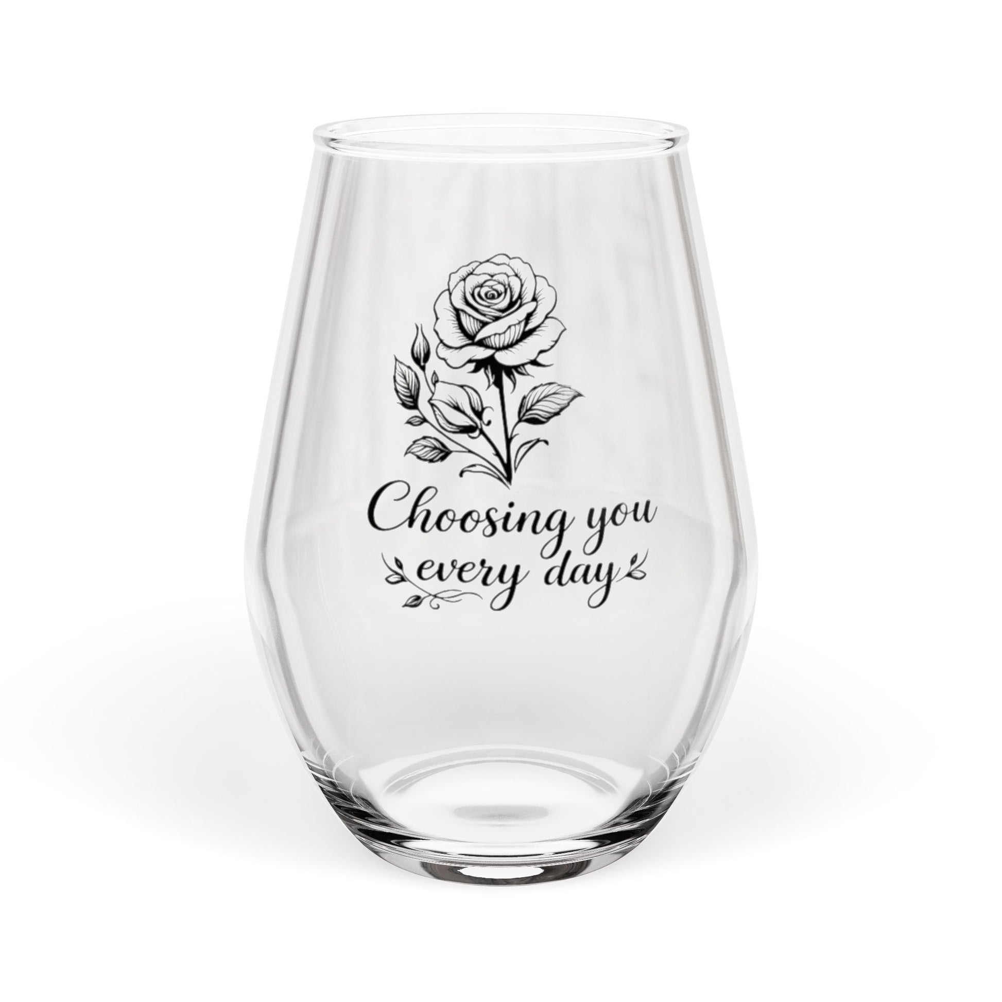 Clear glass with a rose design and text on a white background