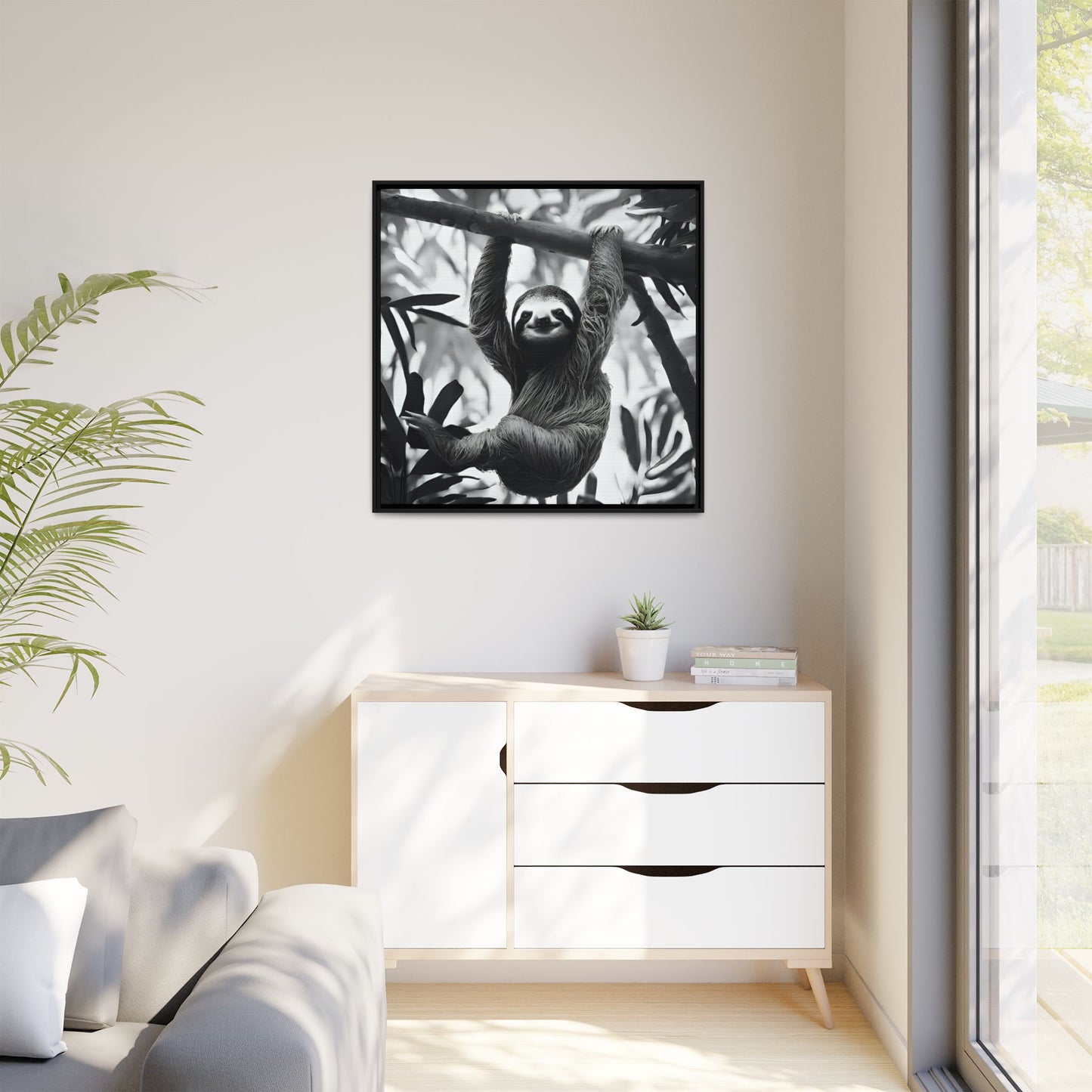 Playful Sloth Hanging from Tree Branch Black & White Animal Wall Art, Cute Sloth Photography Print, Jungle Theme Home Deco