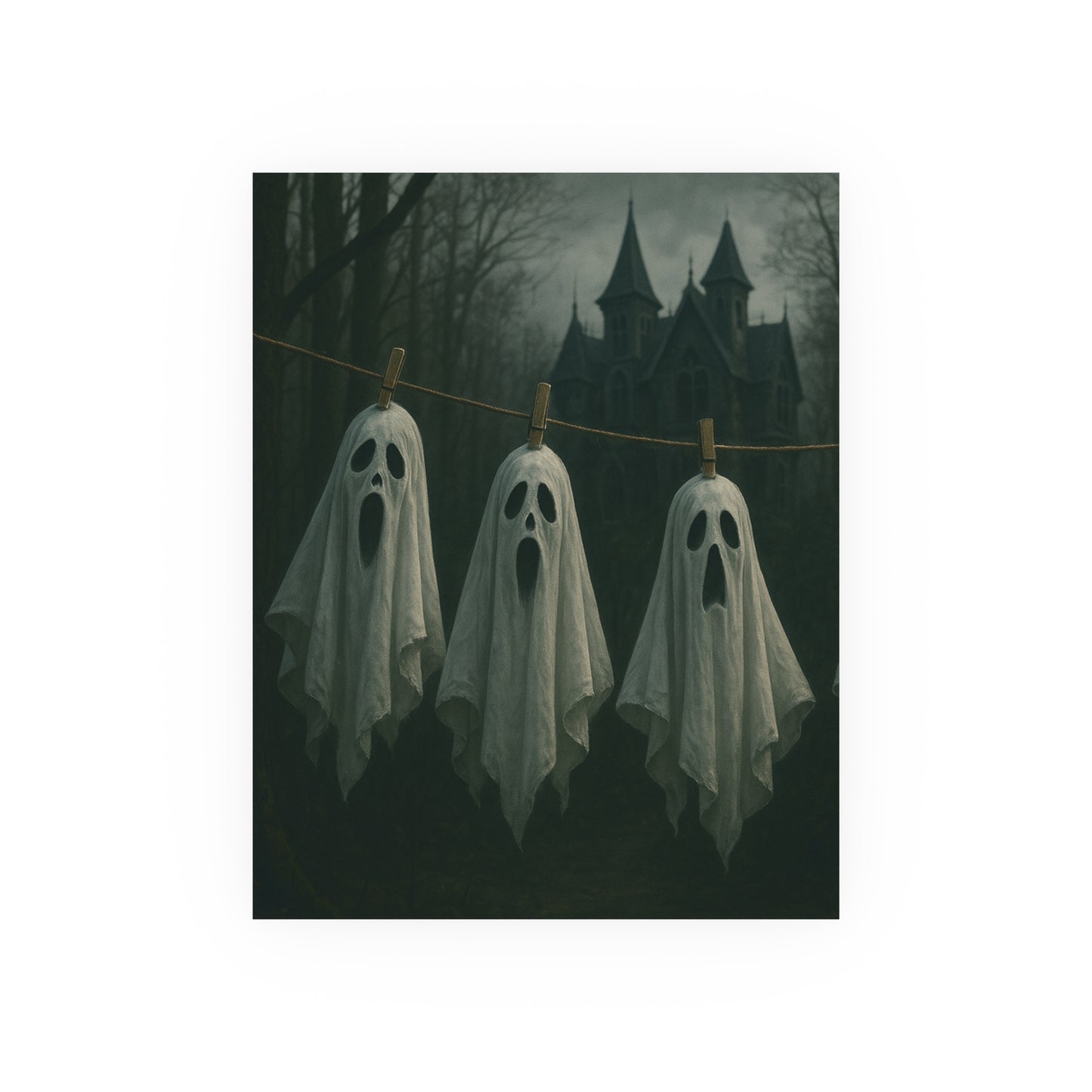 Three ghost-shaped cloths hanging on a line with a spooky castle in the background.