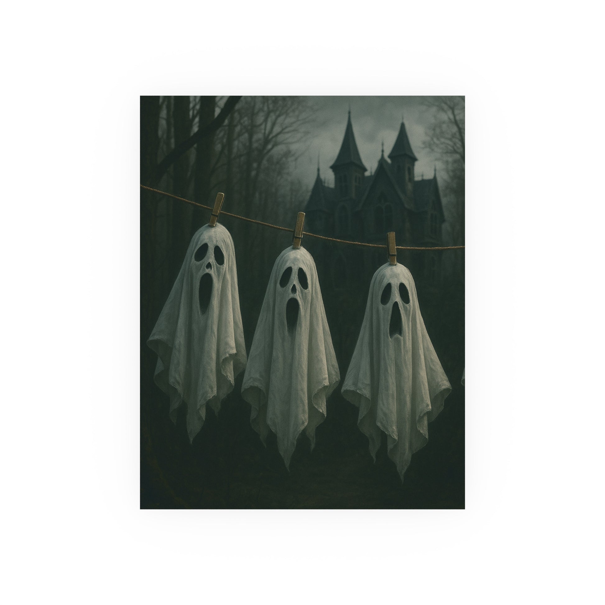 Three ghost-shaped cloths hanging on a line with a spooky castle in the background.
