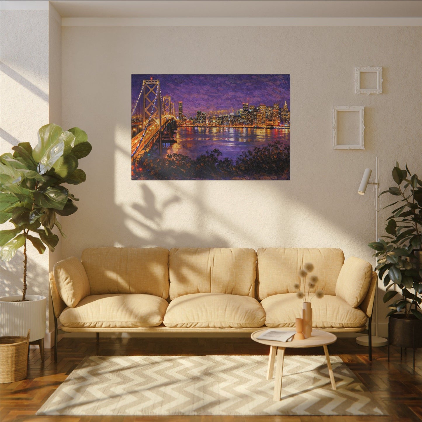 San Francisco Skyline Canvas Wall Art, Bay Bridge Night Painting, Impasto Style Artwork