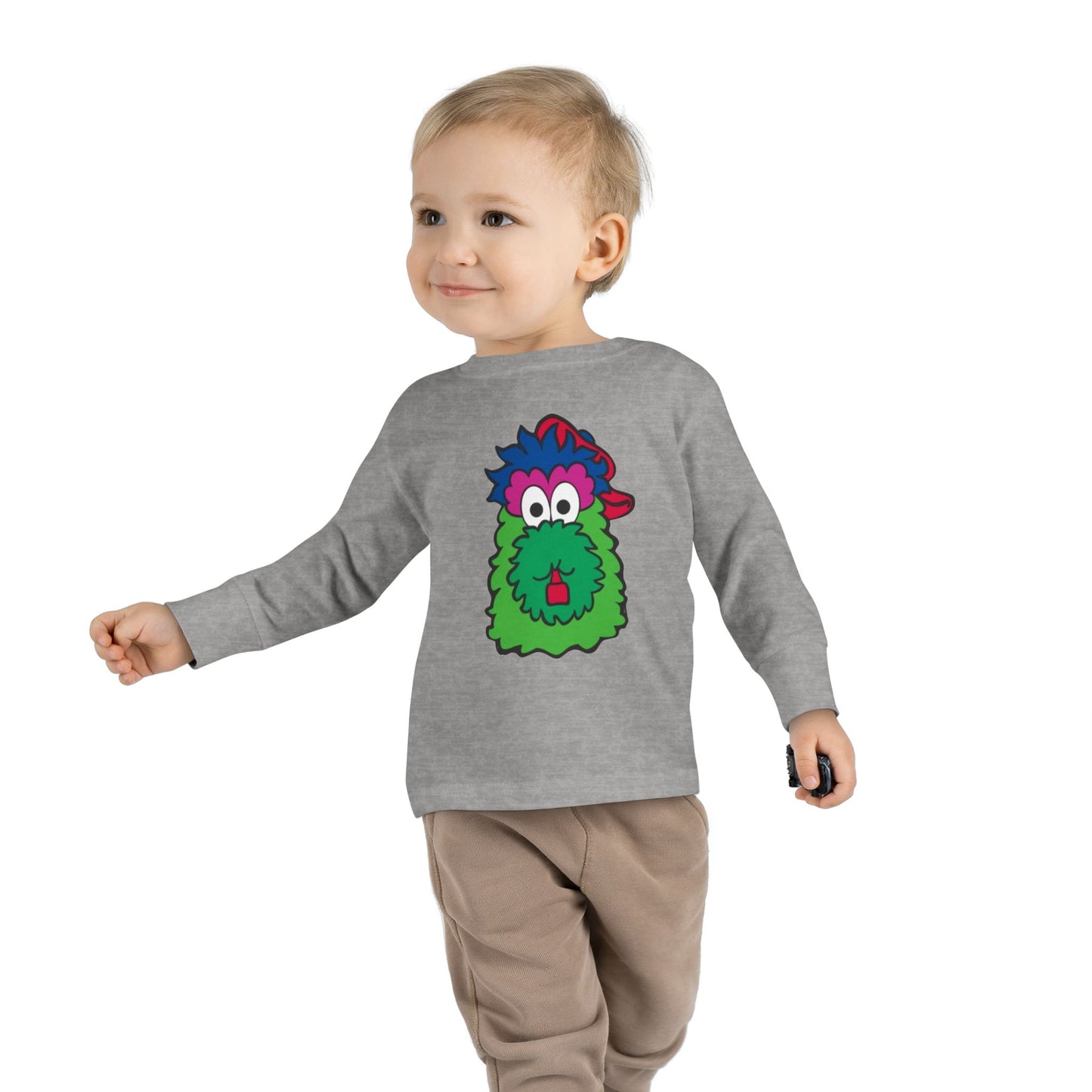 Cute Cartoon Mascot Kids Shirt – Fun Green Character Long Sleeve Tee