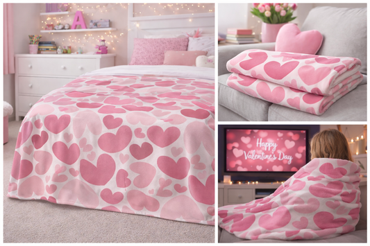 Pink heart-patterned blanket on a bed with a cozy atmosphere.