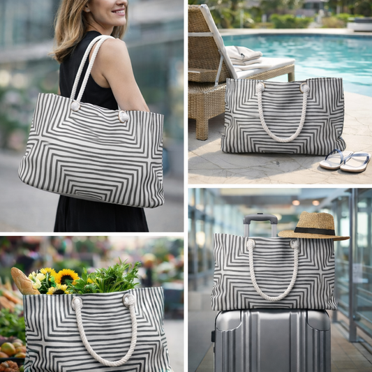 Black & White Striped Weekender Tote | Rope Handle Travel Bag