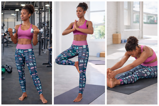 Woman exercising in a gym, doing yoga, and stretching in a home setting.