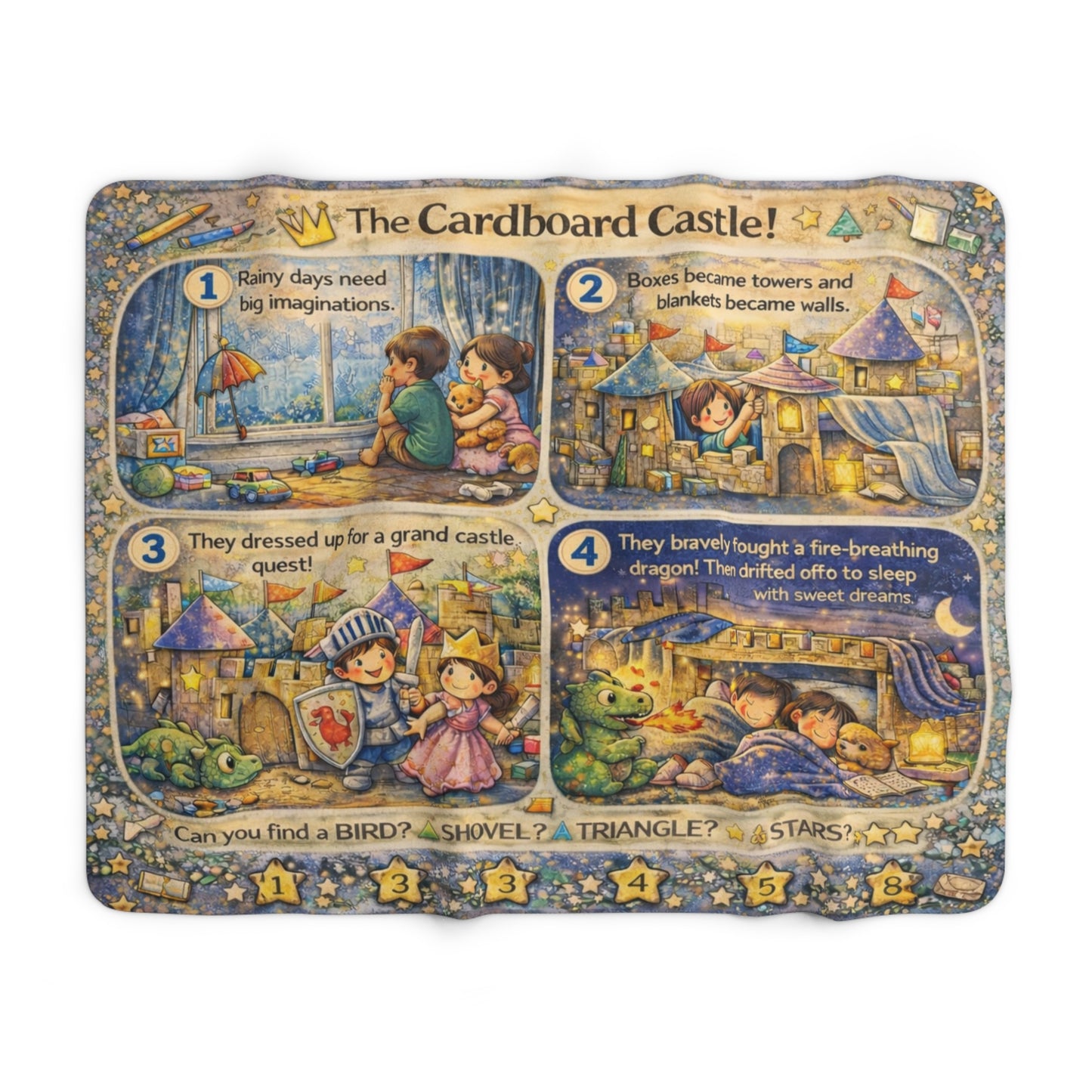 Colorful children's book with illustrations of a castle and characters on a white background