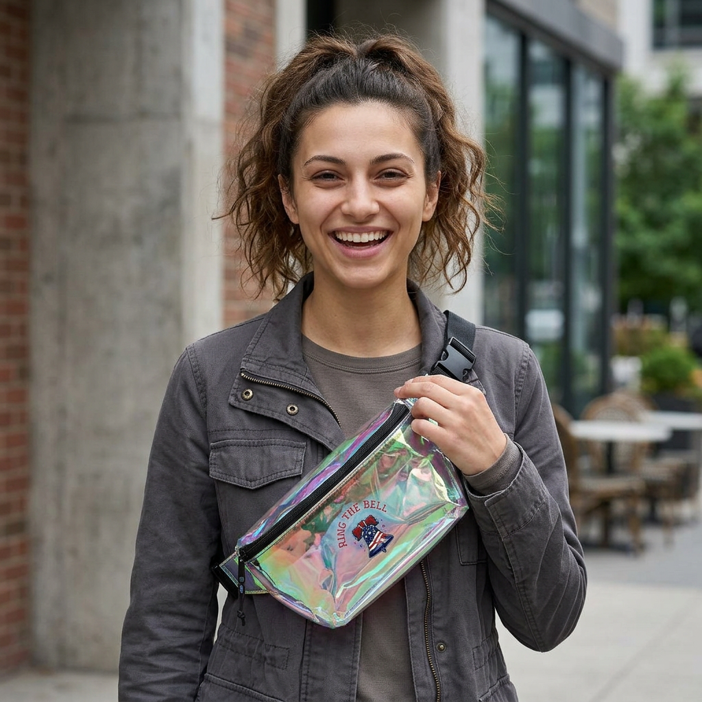 Woman holding a colorful fanny pack outdoors