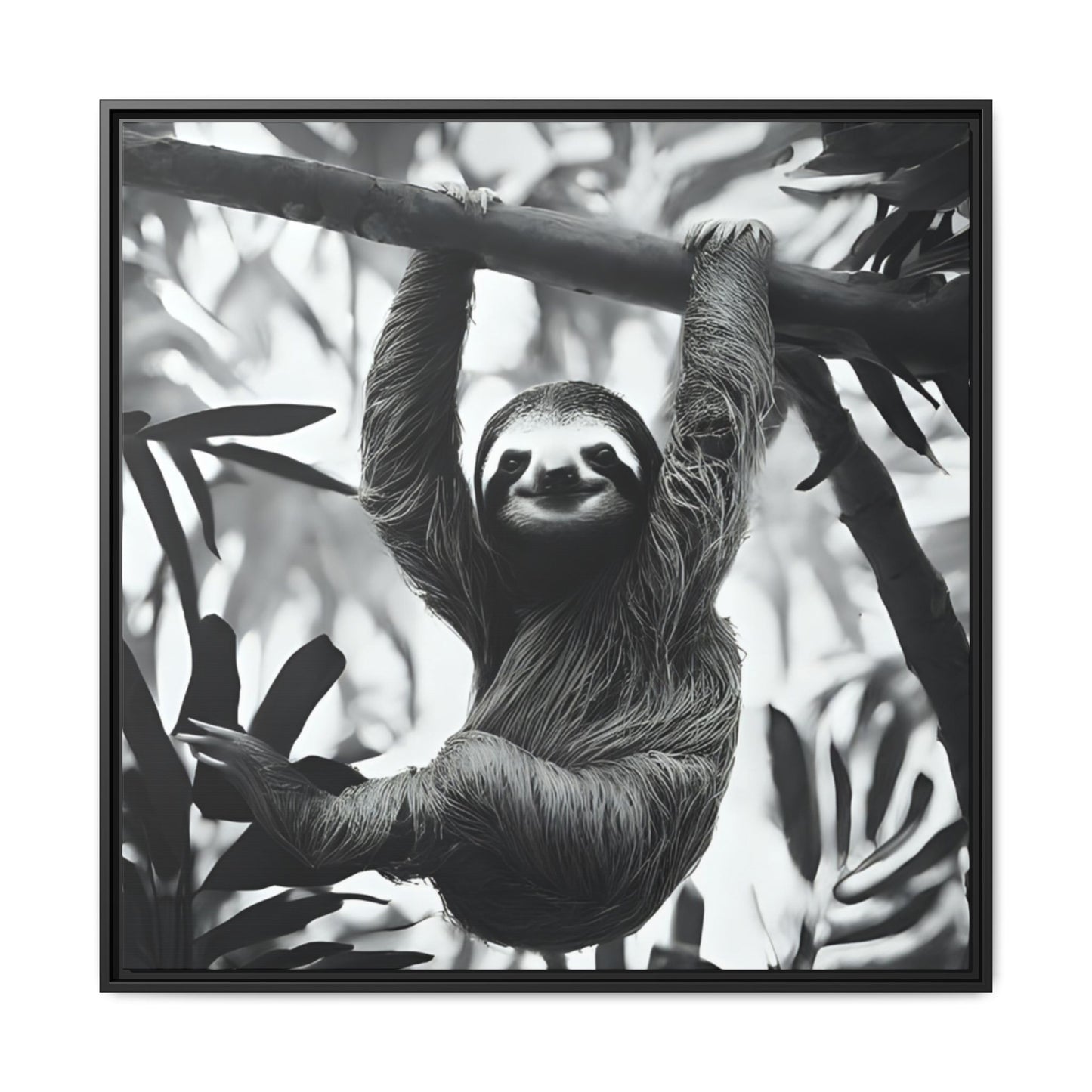 Playful Sloth Hanging from Tree Branch Black & White Animal Wall Art, Cute Sloth Photography Print, Jungle Theme Home Deco