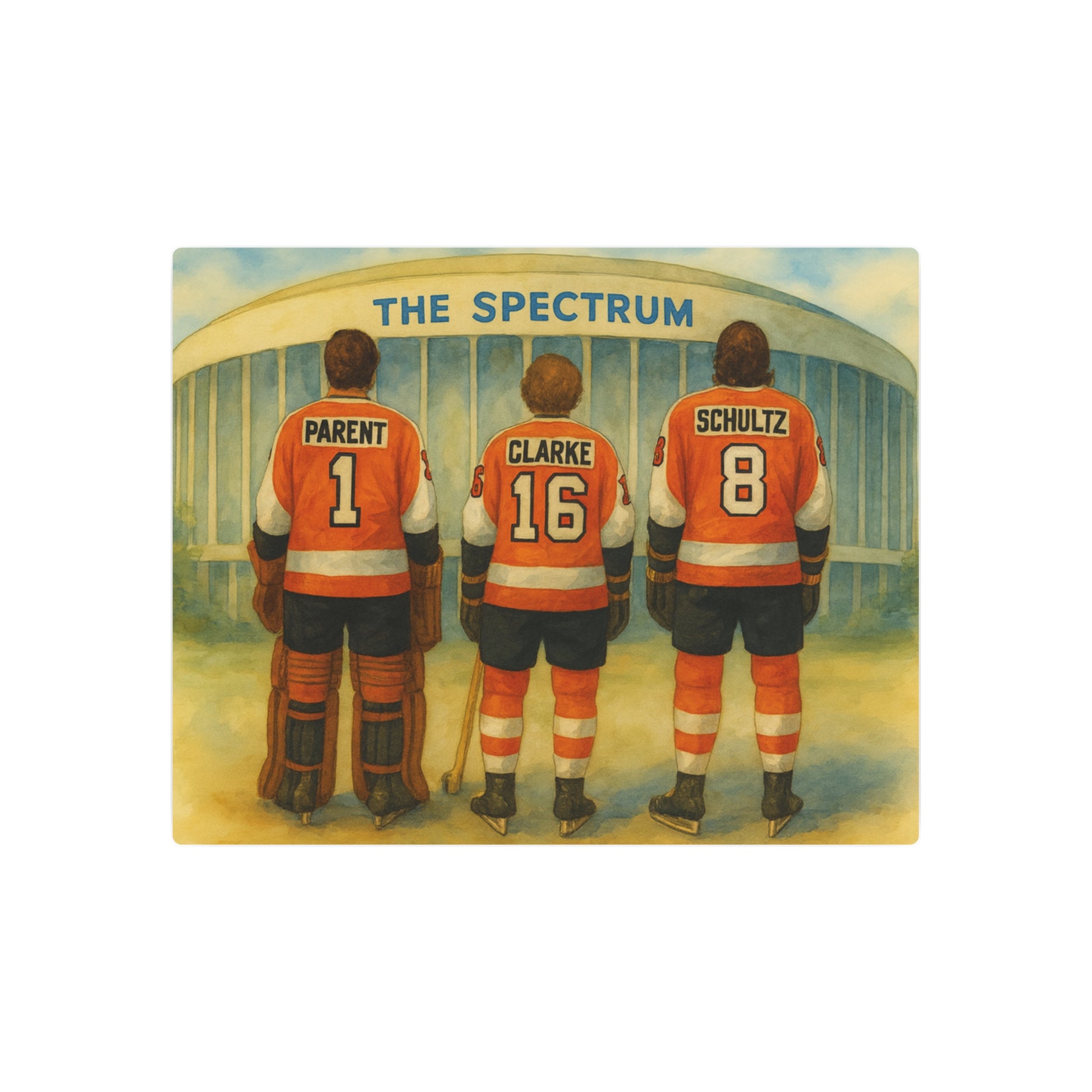 Philadelphia sports legend hockey players in orange jerseys standing in front of 'The Spectrum' arena.