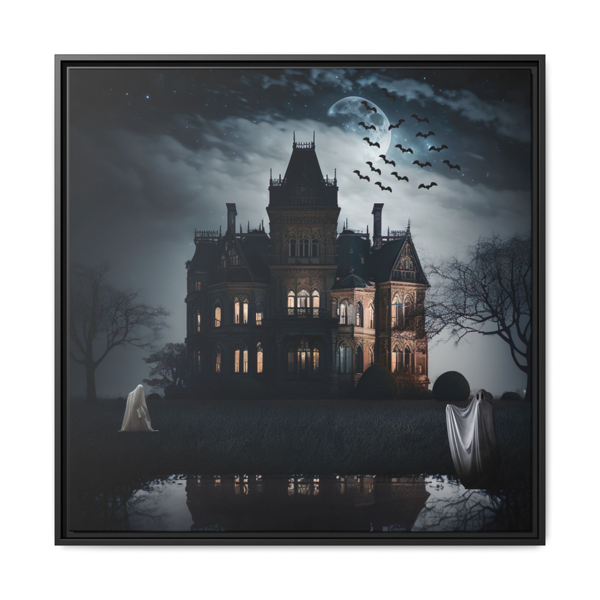 Mansion at night with ghosts and bats, framed artwork