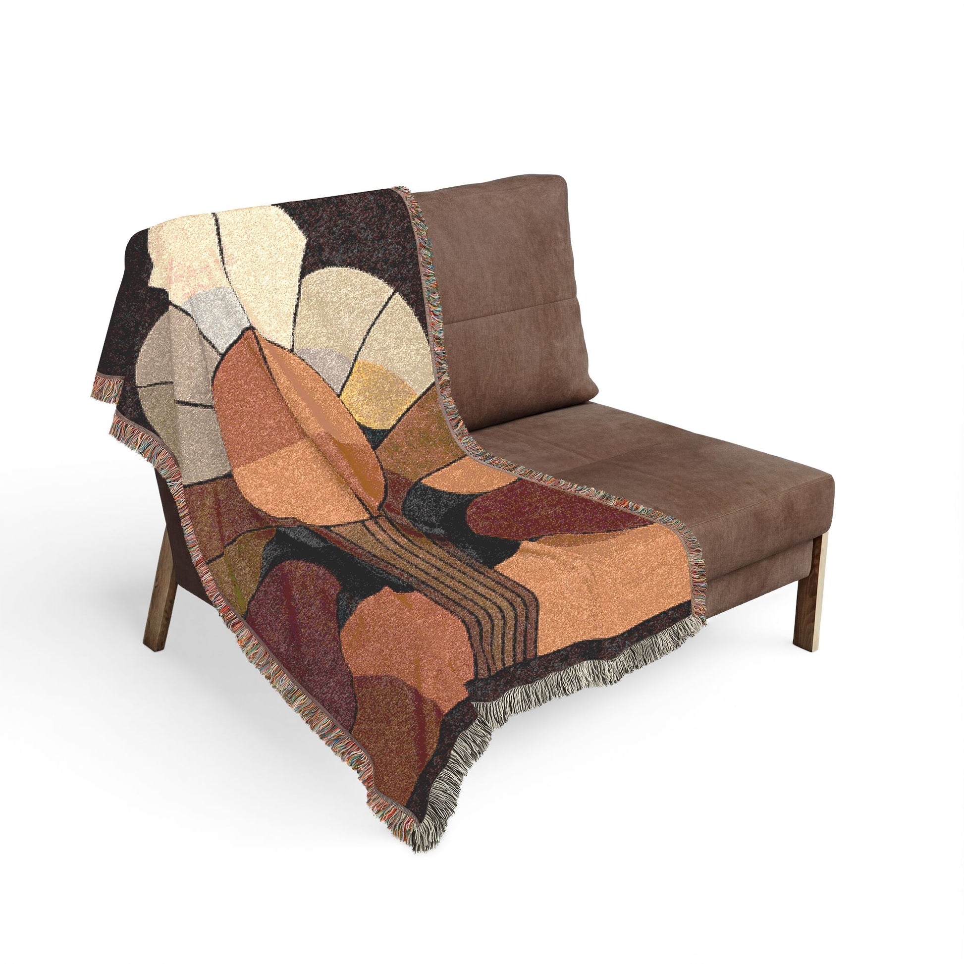 Brown chair with a patterned blanket draped over it on a white background