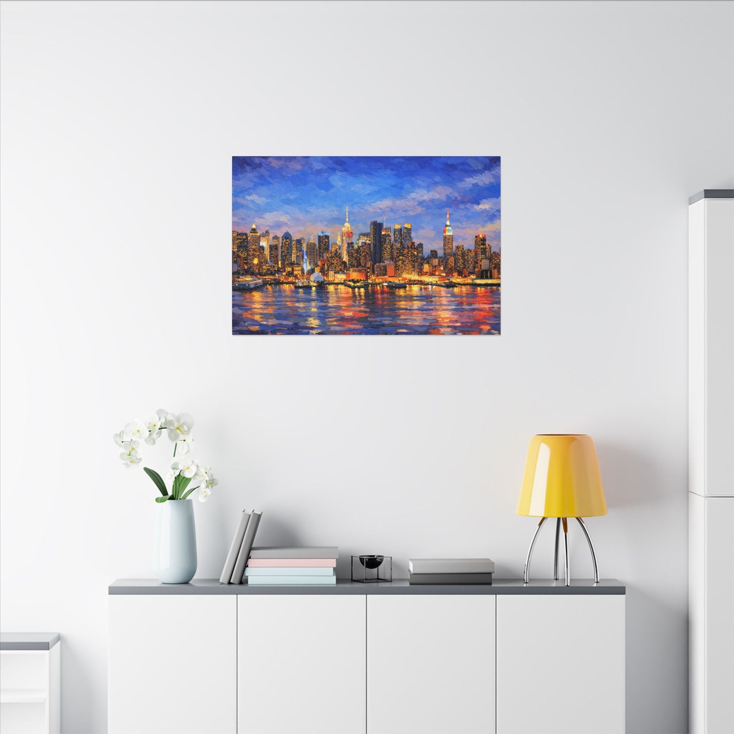 New York City Skyline Canvas Wall Art – Night Waterfront Impasto Cityscape Painting
