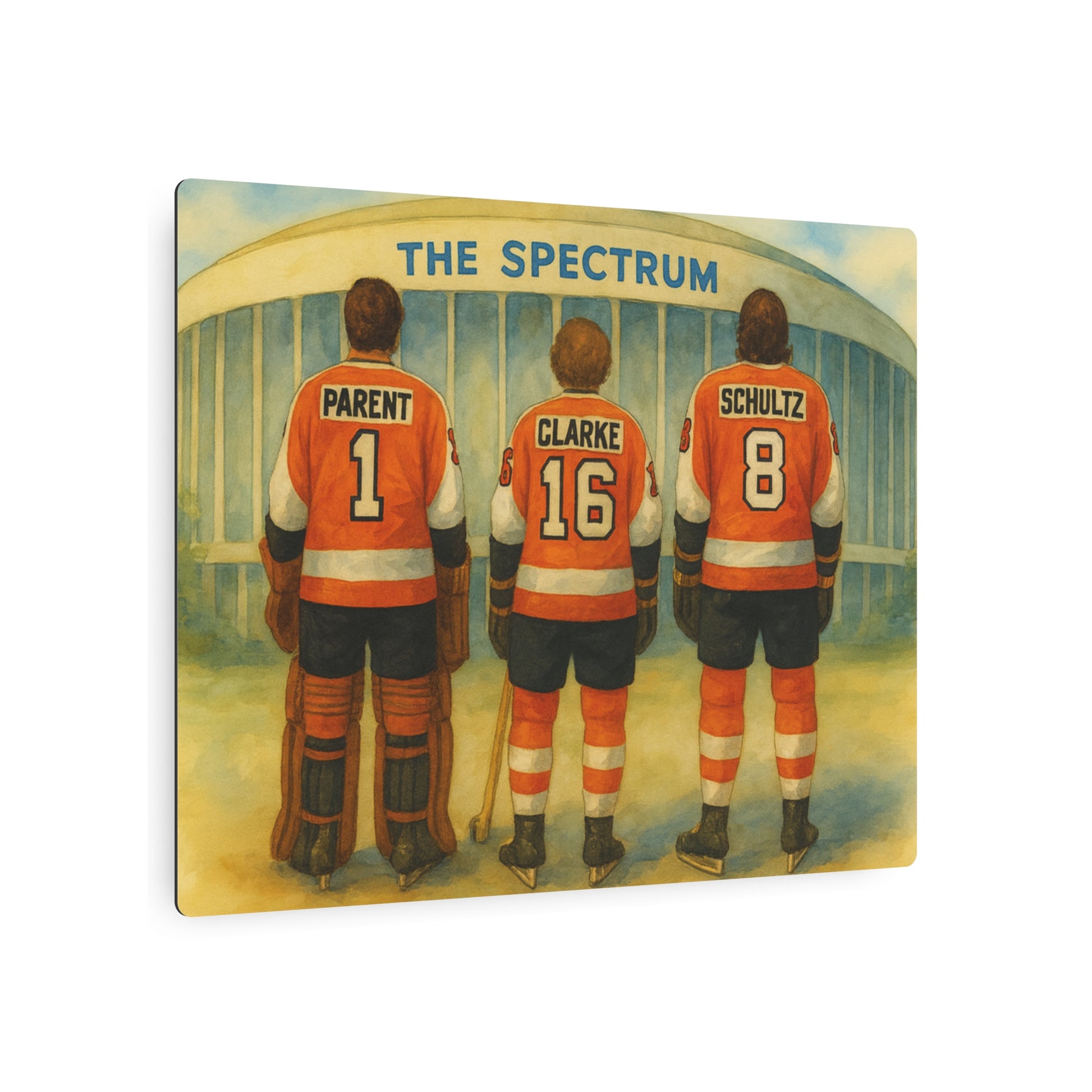 Three hockey players in orange jerseys with names and numbers standing in front of 'The Spectrum' arena.