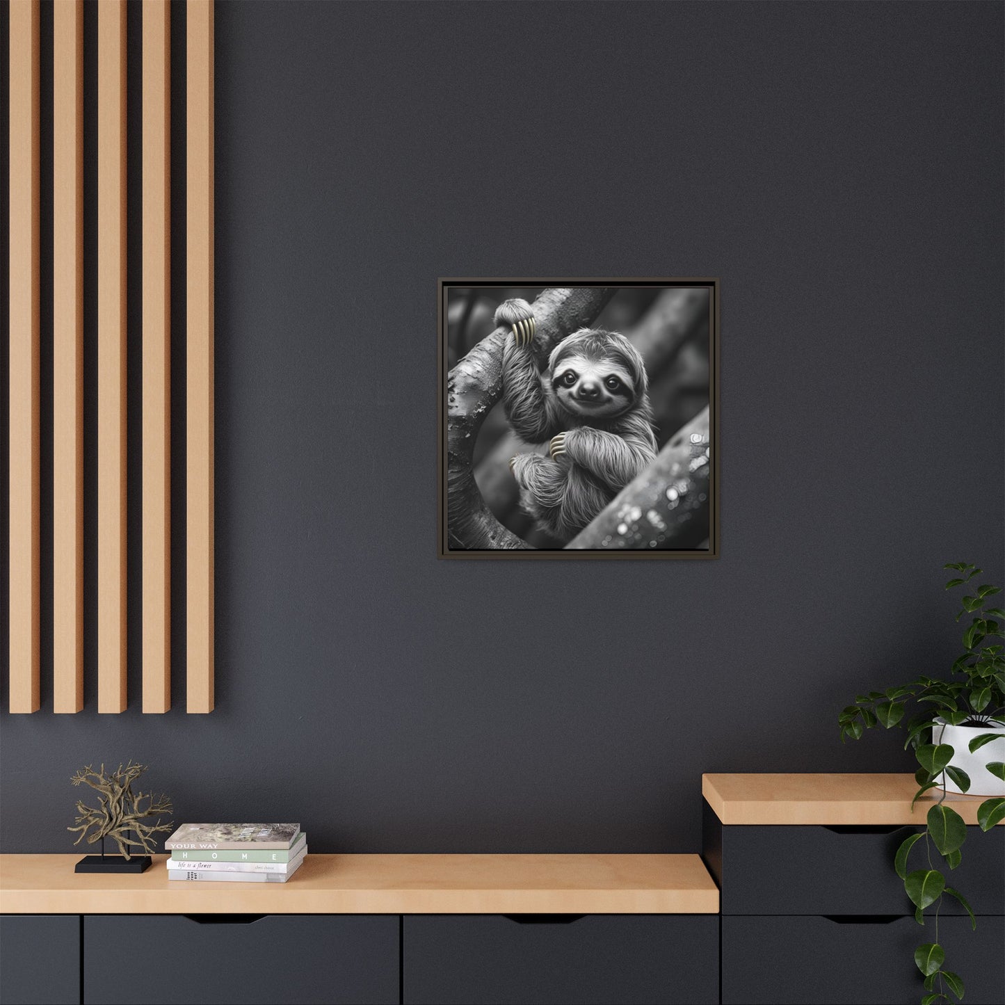 Smiling Sloth Hanging on Tree Branch Wall Art on Framed Canvas, Sloth Lover Gift, Nursery Decor, Wildlife Artwork