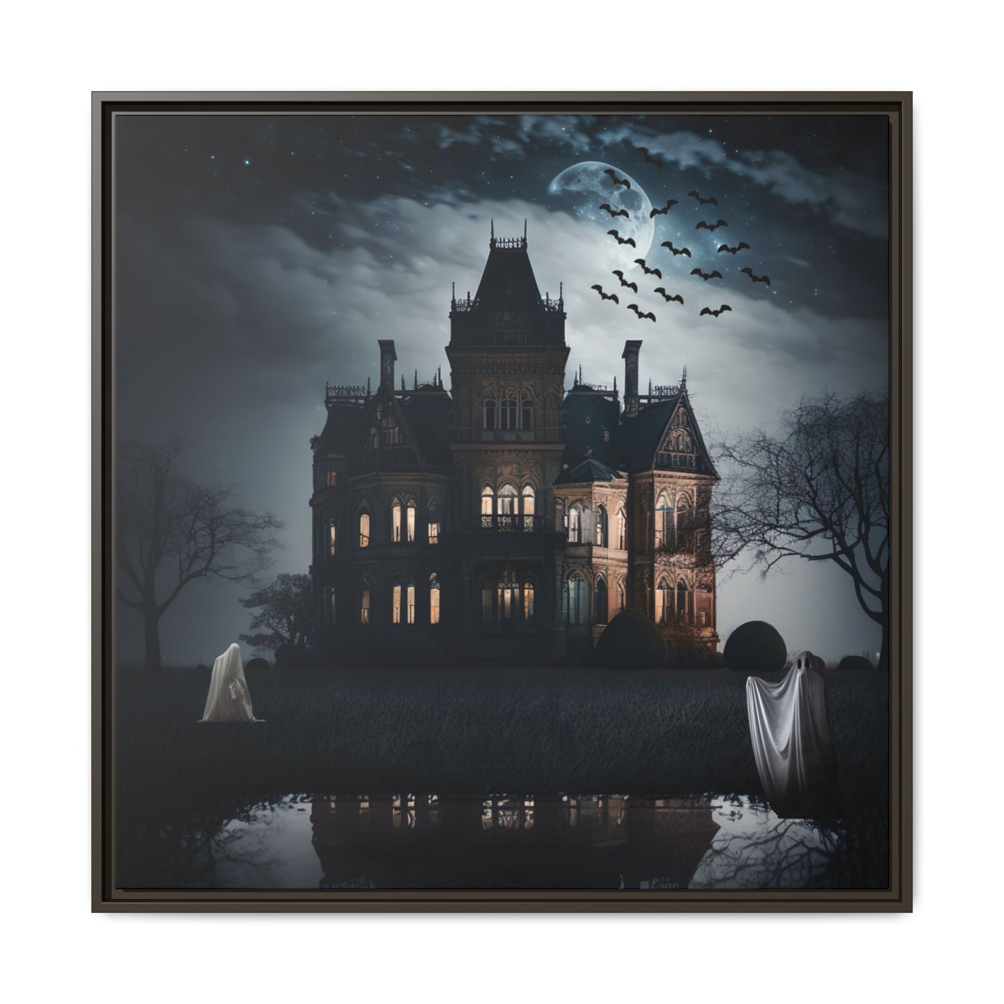 Mansion at night with ghosts and bats, framed artwork