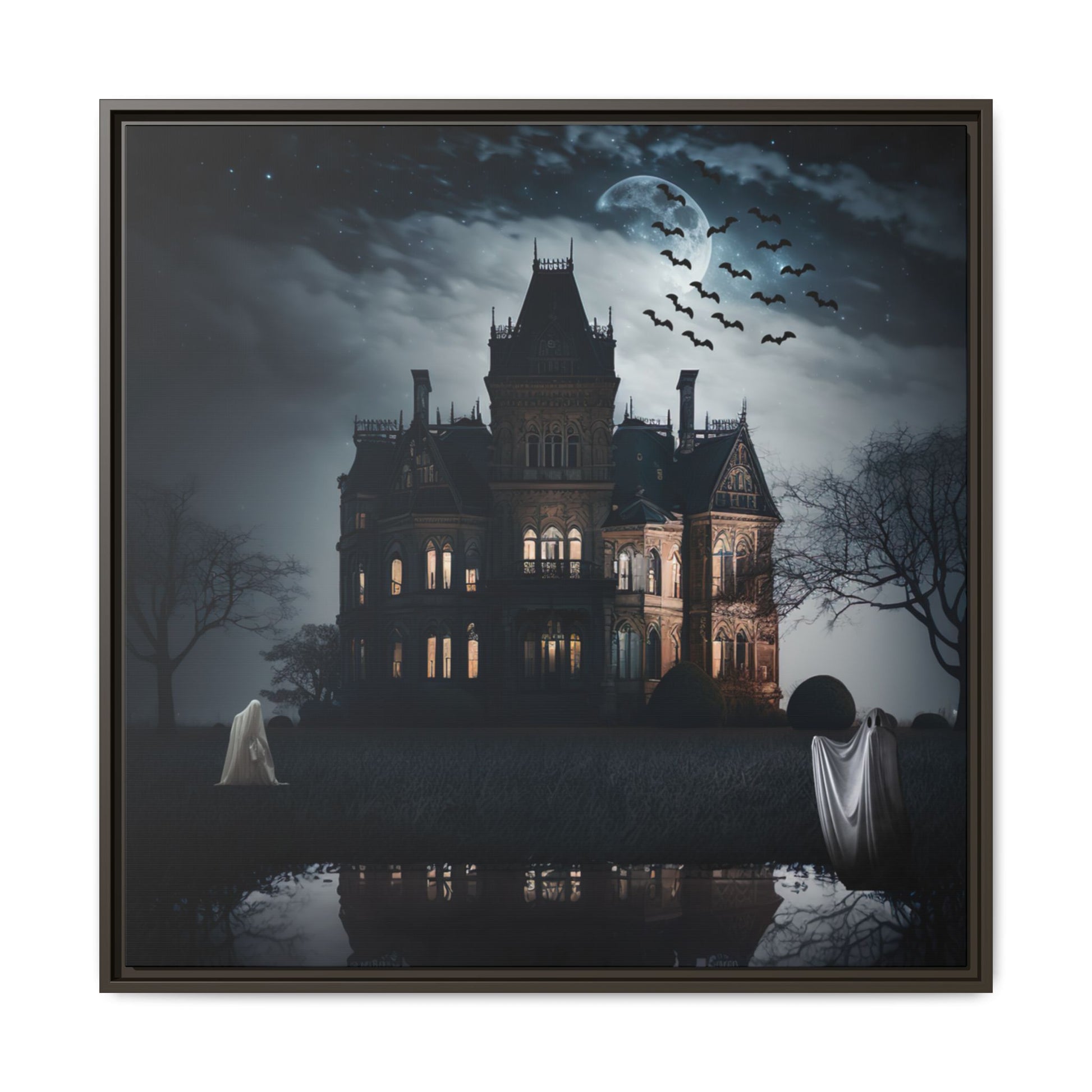 Mansion at night with ghosts and bats, framed artwork