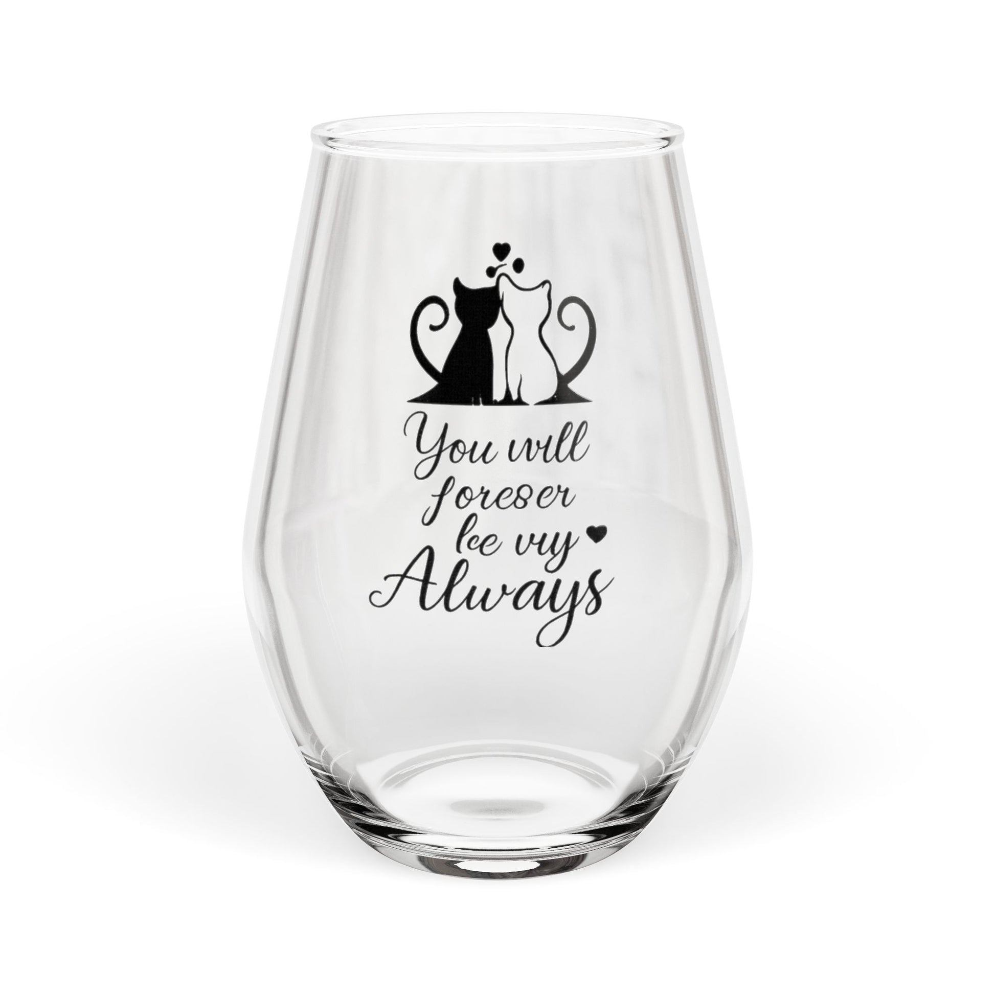 Clear glass with cat illustration and text on a white background