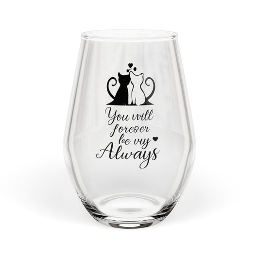 Clear glass with cat illustration and text on a white background