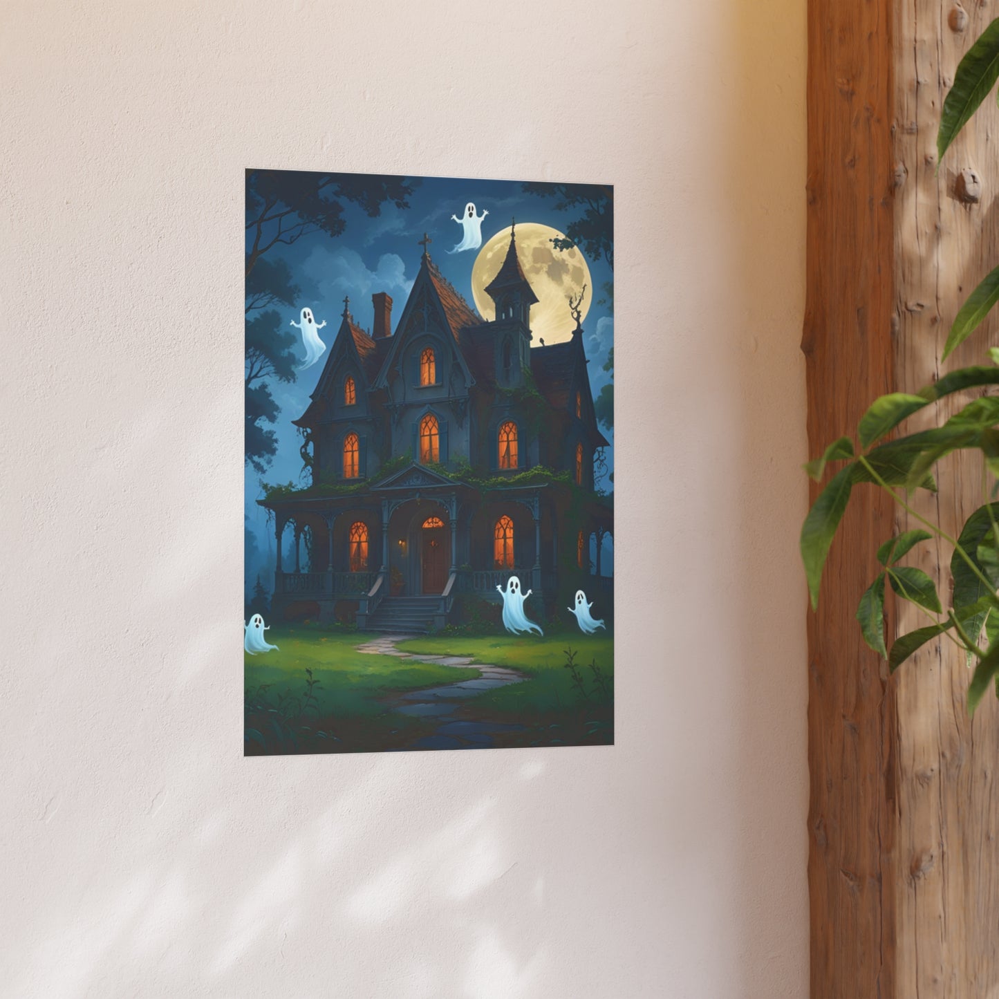 Haunted House Ghosts Poster — Friendly Ghosts Floating Around a Haunted House