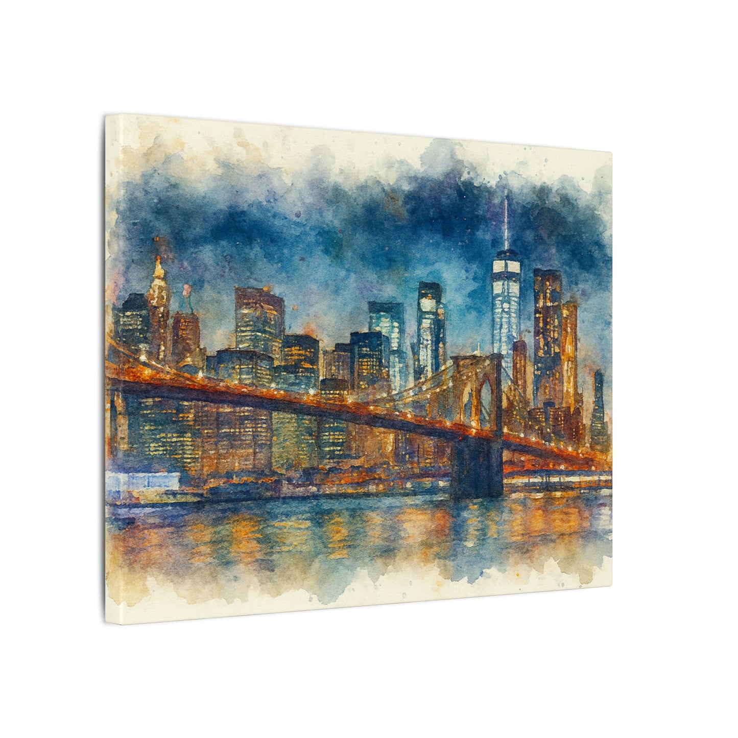 NYC Skyline Watercolor Art Print, Brooklyn Bridge Night Painting, New York City Wall Decor, Skyline Canvas Print, Urban Landscape