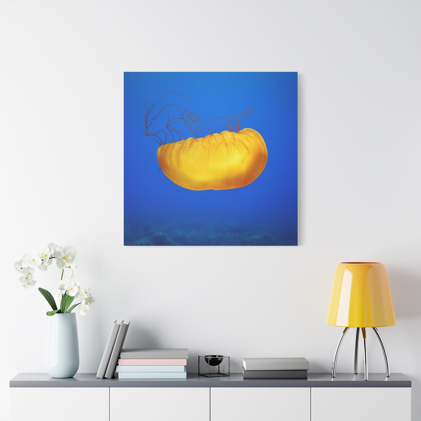 Golden Jellyfish Canvas Wall Art | Ocean Photography Print | Coastal Home Decor | Marine Life Artwork | Blue Sea Jellyfish Poster 1.25"