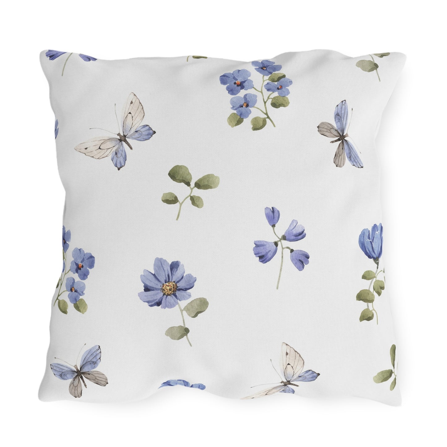 Butterfly & Blue Flower Outdoor Throw Pillow | Spring Garden Patio Cushion
