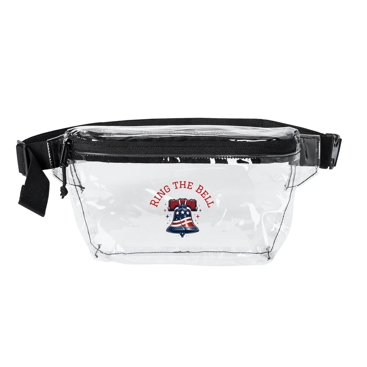 Clear fanny pack with black strap and 'Ring the Bell' graphic on a white background