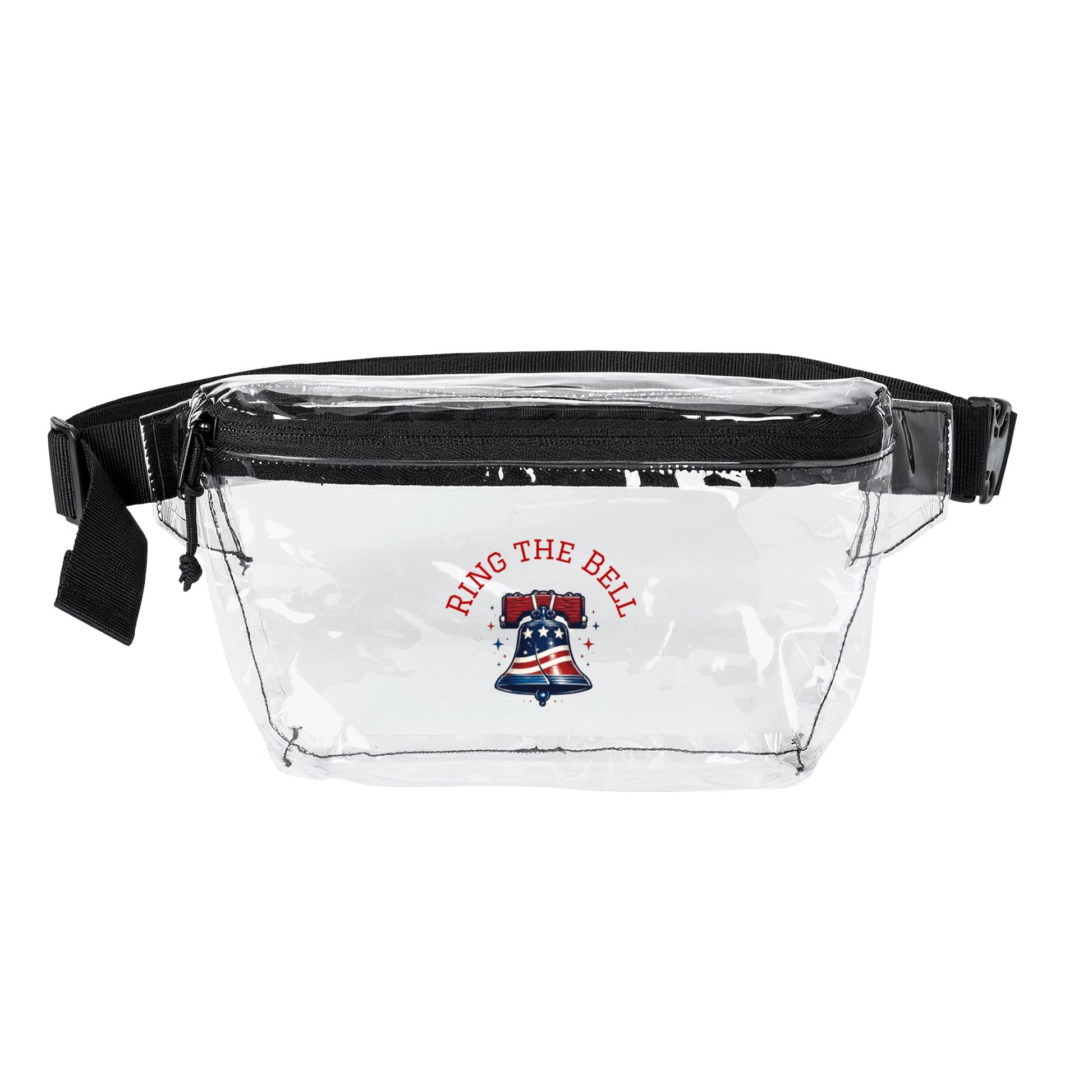 Clear fanny pack with black strap and 'Ring the Bell' graphic on a white background