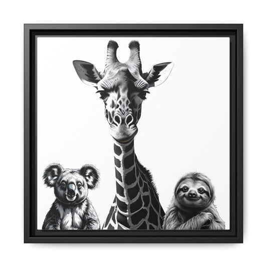 Framed artwork of a giraffe, koala, and sloth on a white background